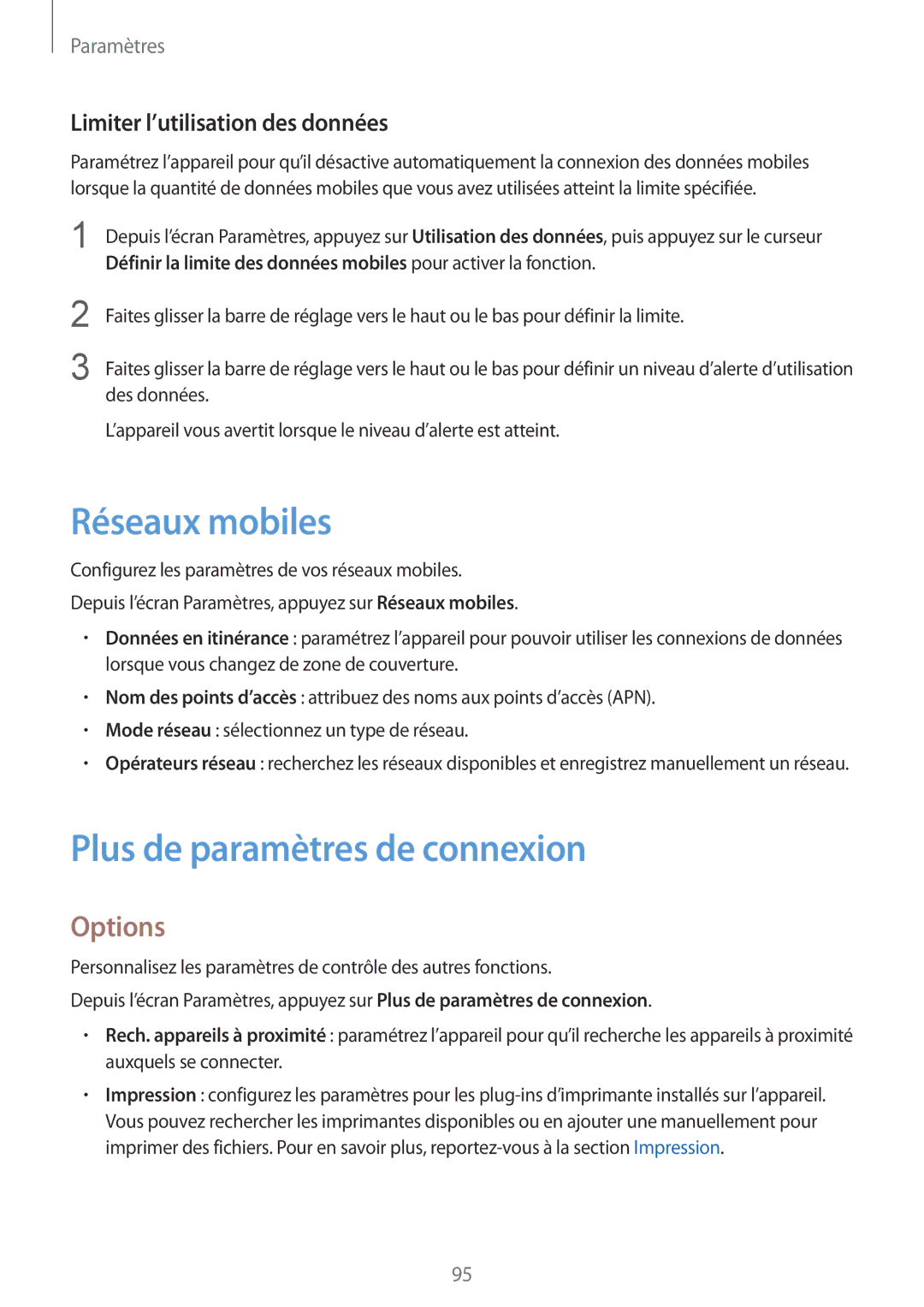 Samsung SM-T715NZWEXEF manual Réseaux mobiles, Plus de paramètres de connexion, Options, Limiter l’utilisation des données 