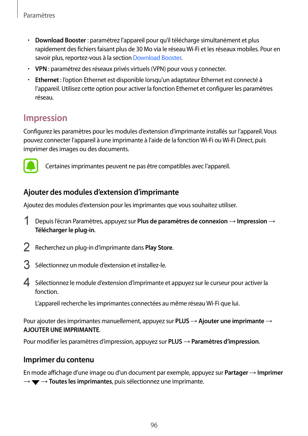 Samsung SM-T815NZWEXEF, SM-T715NZWEXEF manual Impression, Ajouter des modules d’extension d’imprimante, Imprimer du contenu 