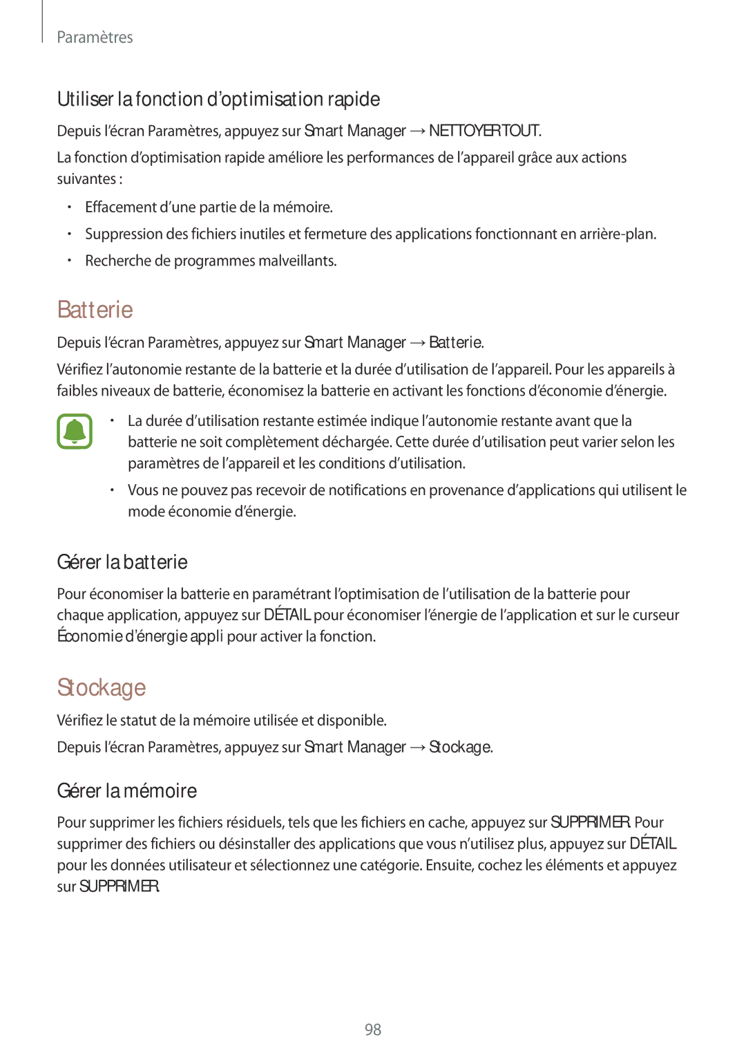 Samsung SM-T815NZWEXEF Batterie, Stockage, Utiliser la fonction d’optimisation rapide, Gérer la batterie, Gérer la mémoire 