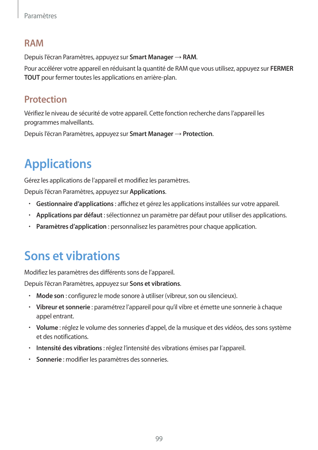 Samsung SM-T715NZWEXEF, SM-T815NZWEXEF manual Applications, Sons et vibrations, Protection 