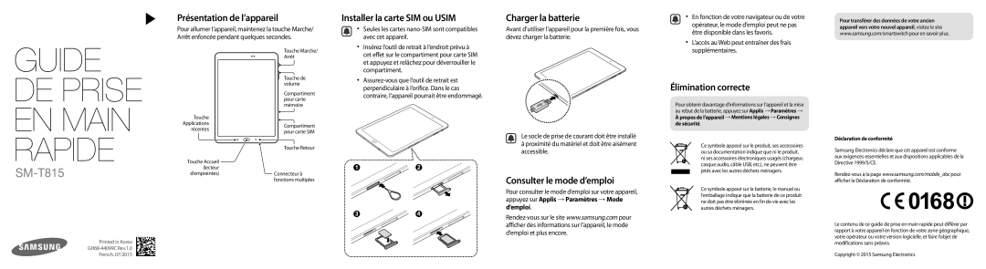 Samsung SM-T815NZWEXEF manual Présentation de l’appareil, Installer la carte SIM ou Usim, Charger la batterie 