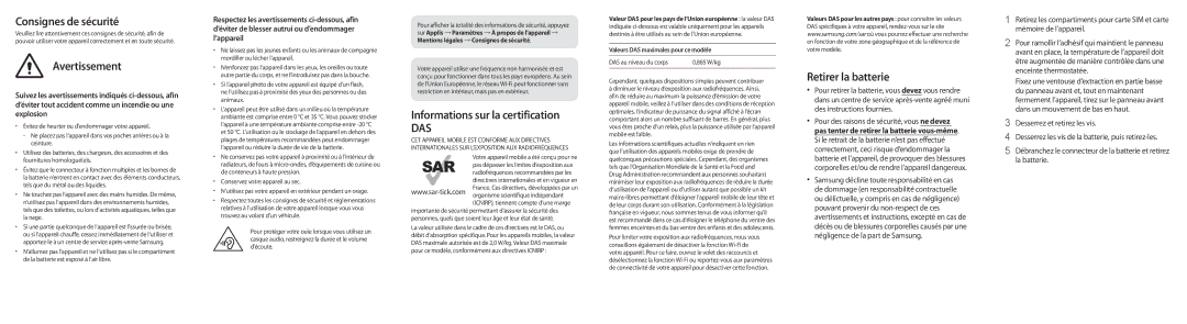 Samsung SM-T815NZWEXEF manual Consignes de sécurité, Avertissement, Informations sur la certification, Retirer la batterie 