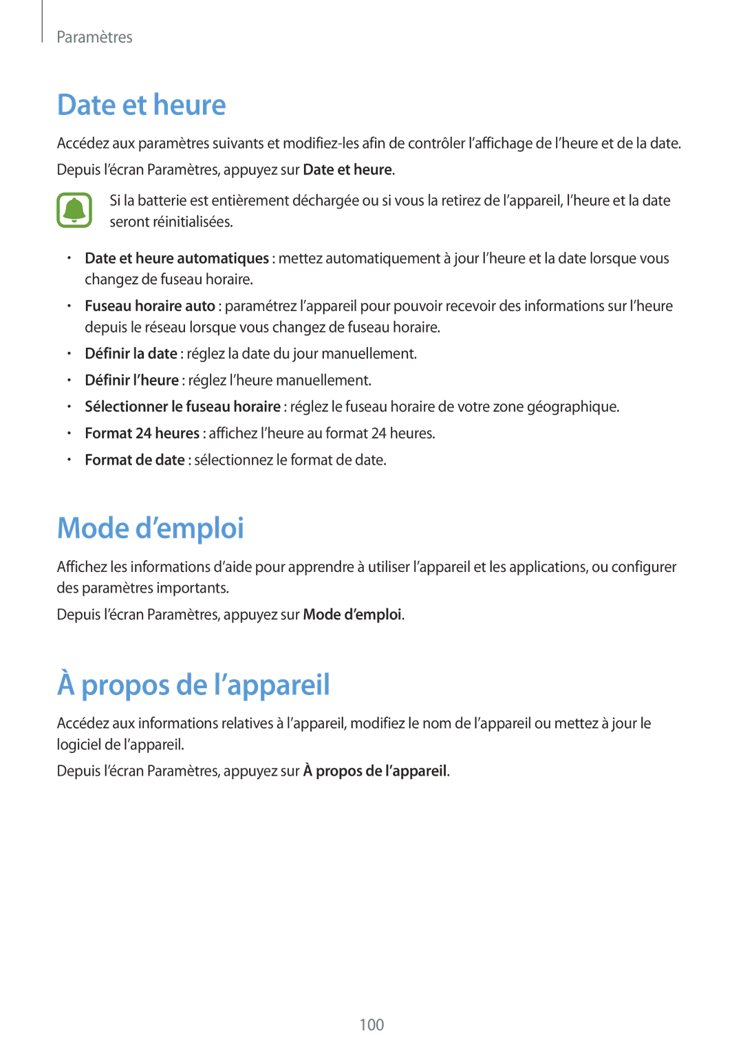 Samsung SM-T815NZWEXEF manual Date et heure, Mode d’emploi, Propos de l’appareil 