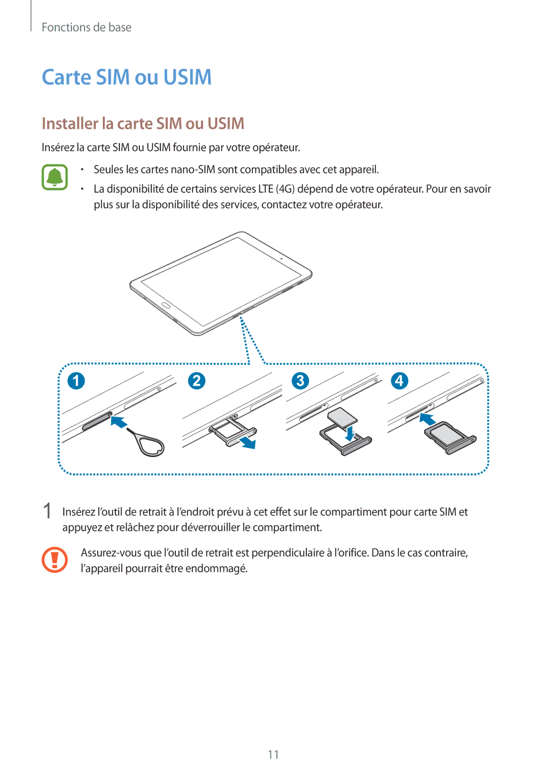 Samsung SM-T815NZWEXEF manual Carte SIM ou Usim, Installer la carte SIM ou Usim 