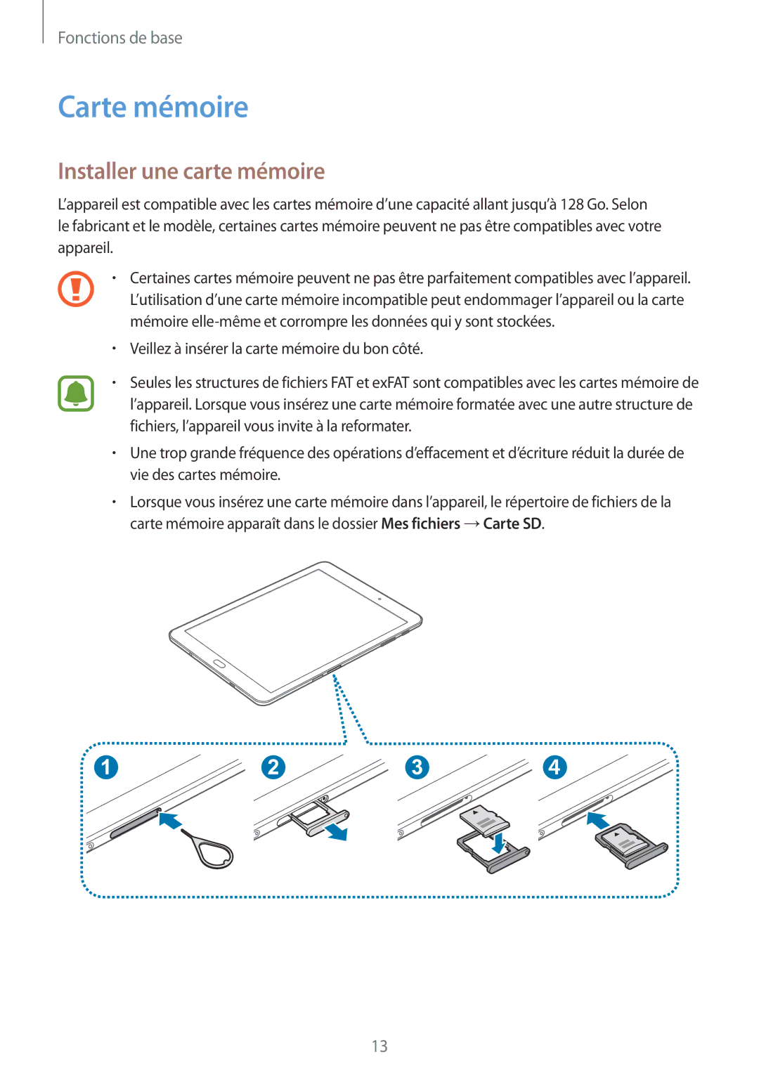 Samsung SM-T815NZWEXEF manual Carte mémoire, Installer une carte mémoire 