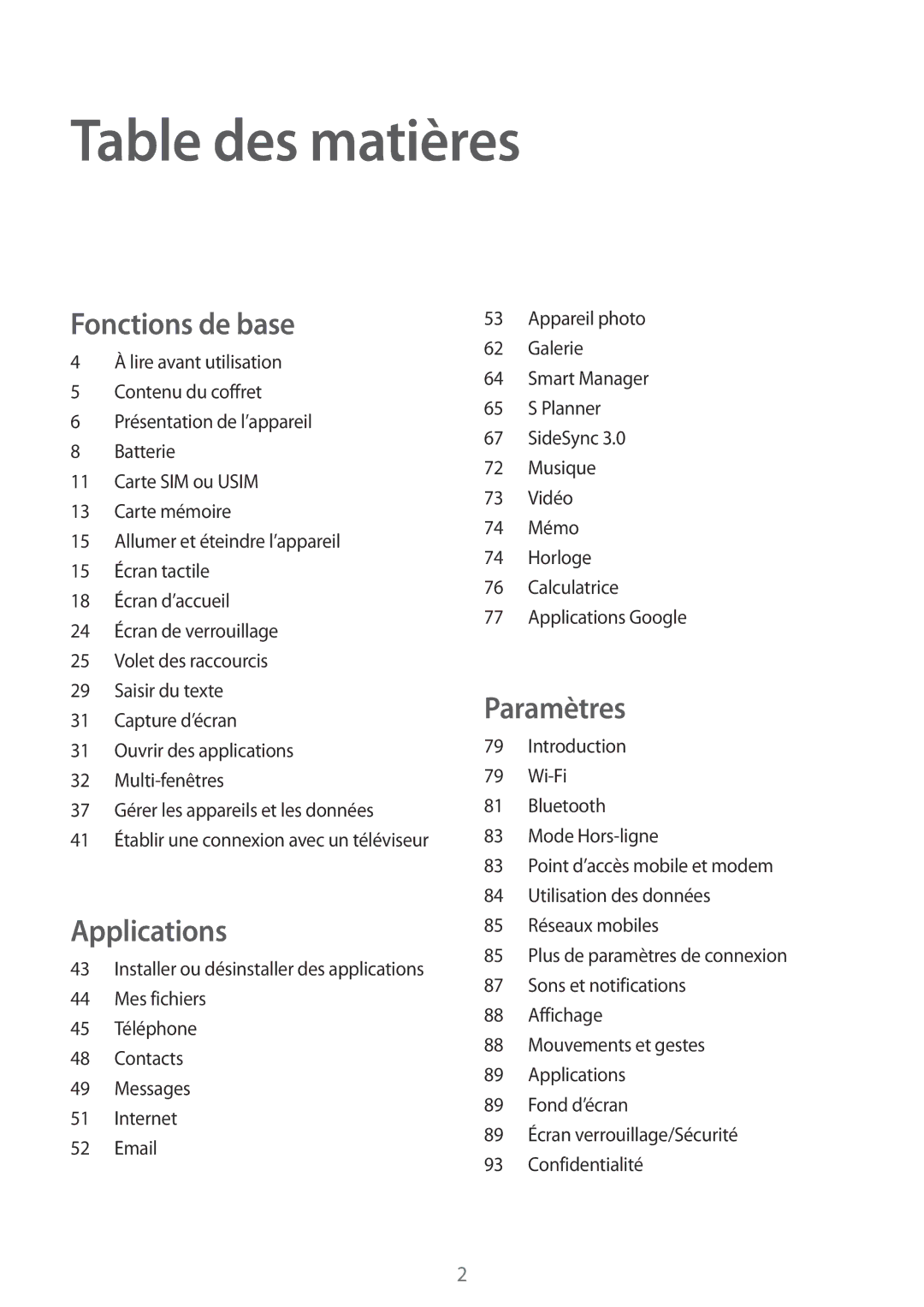 Samsung SM-T815NZWEXEF manual Table des matières 