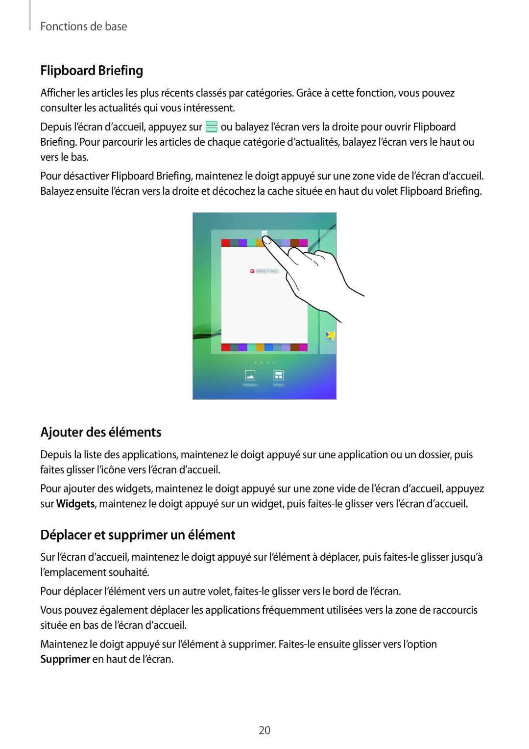 Samsung SM-T815NZWEXEF manual Flipboard Briefing, Ajouter des éléments, Déplacer et supprimer un élément 