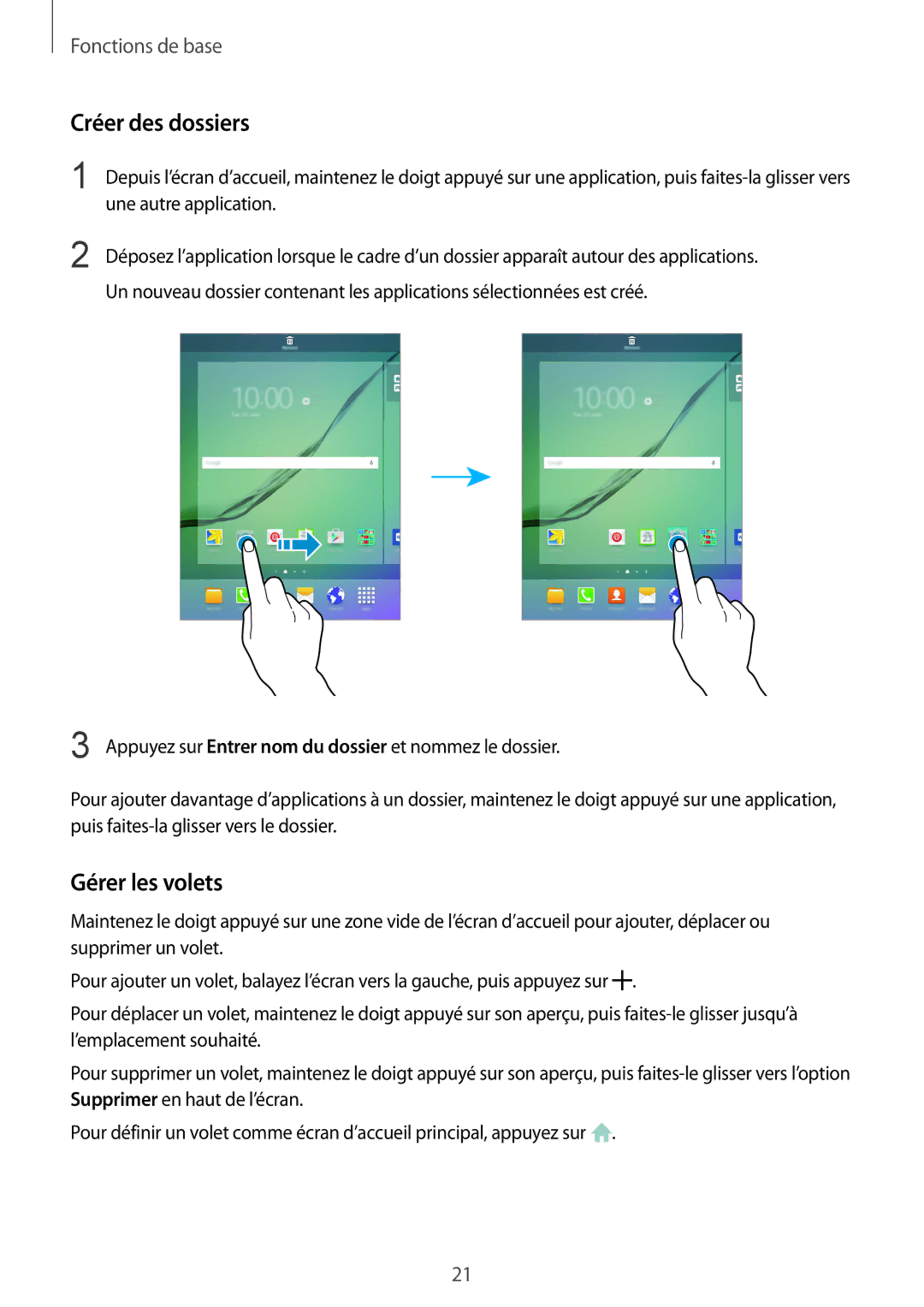 Samsung SM-T815NZWEXEF manual Créer des dossiers, Gérer les volets 