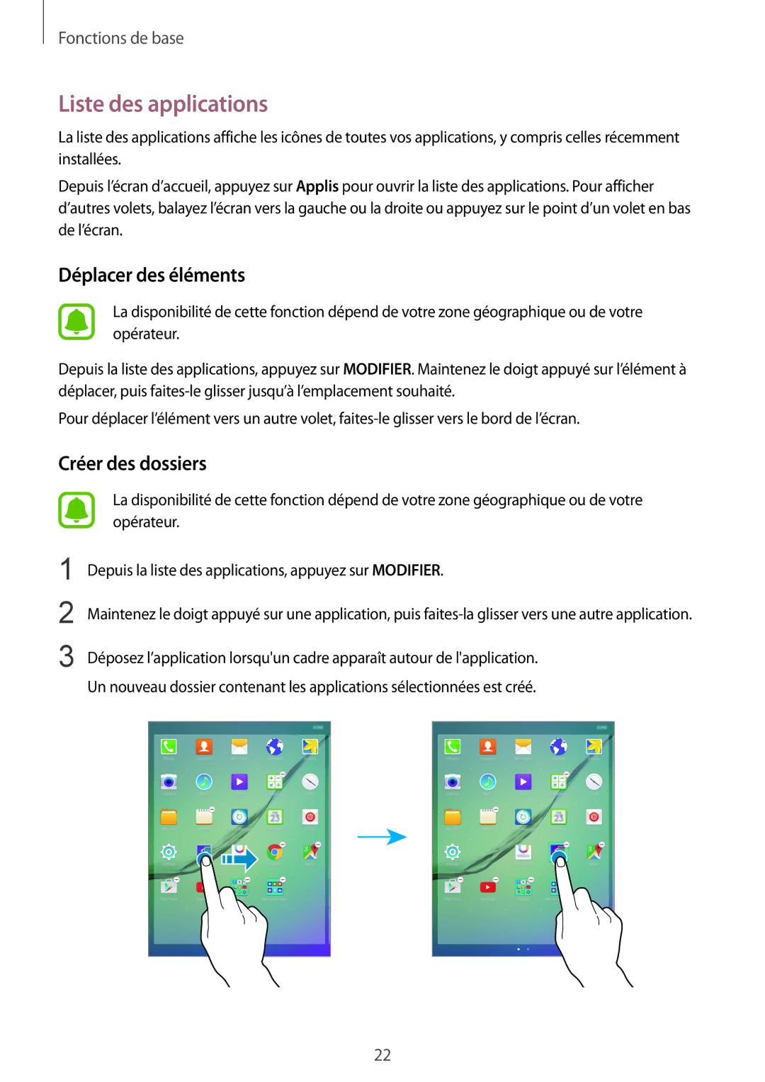 Samsung SM-T815NZWEXEF manual Liste des applications, Déplacer des éléments 