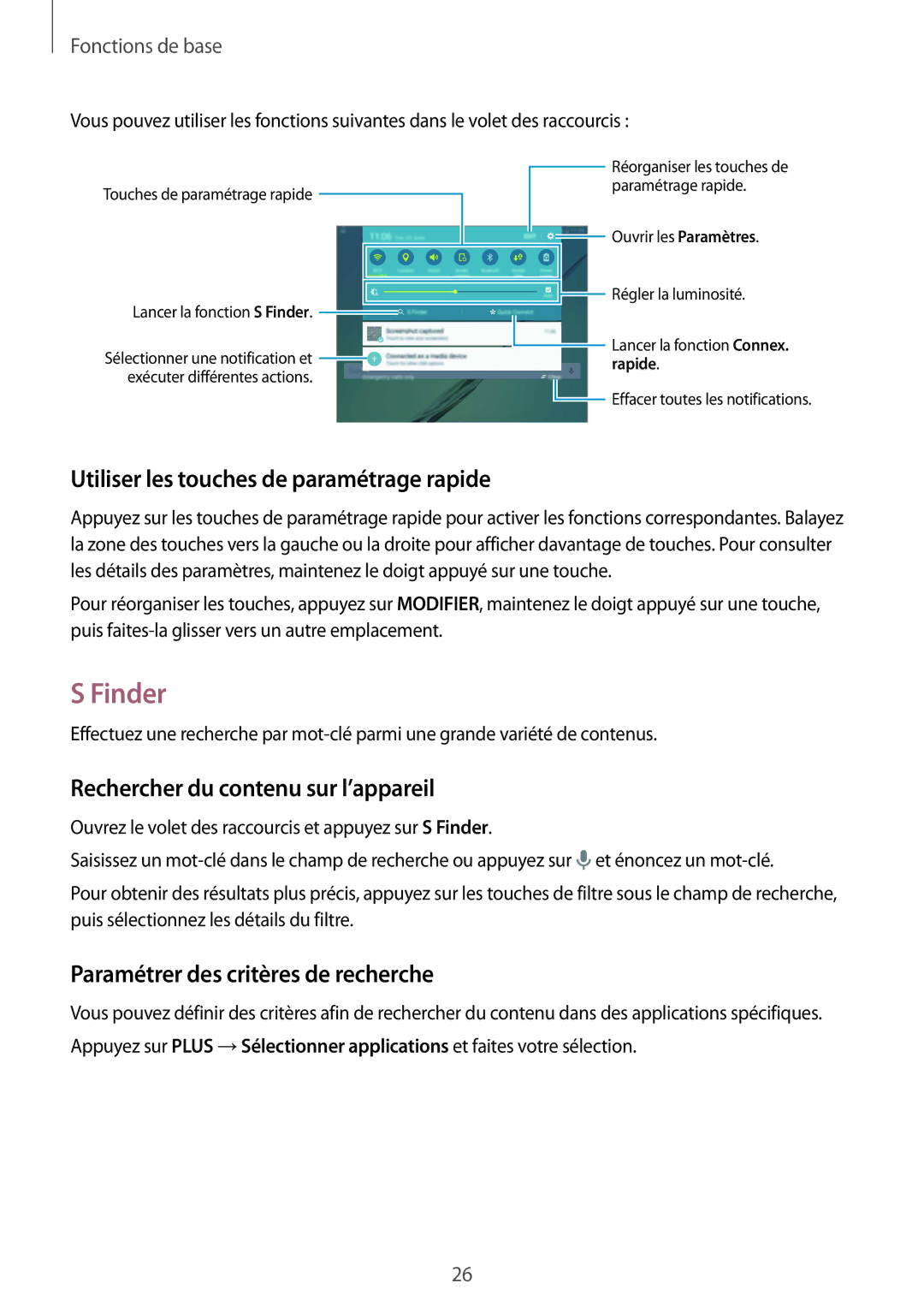 Samsung SM-T815NZWEXEF manual Finder, Utiliser les touches de paramétrage rapide, Rechercher du contenu sur l’appareil 