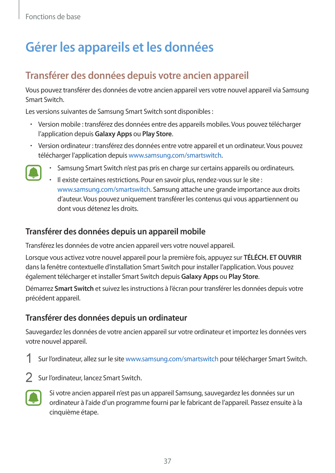 Samsung SM-T815NZWEXEF manual Gérer les appareils et les données, Transférer des données depuis votre ancien appareil 