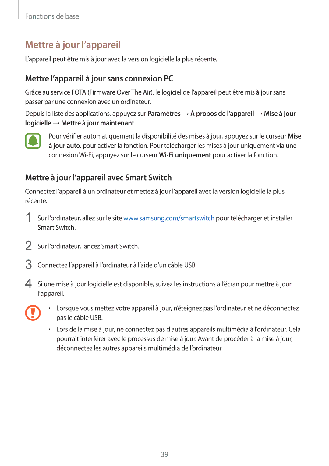 Samsung SM-T815NZWEXEF manual Mettre à jour l’appareil, Mettre l’appareil à jour sans connexion PC 