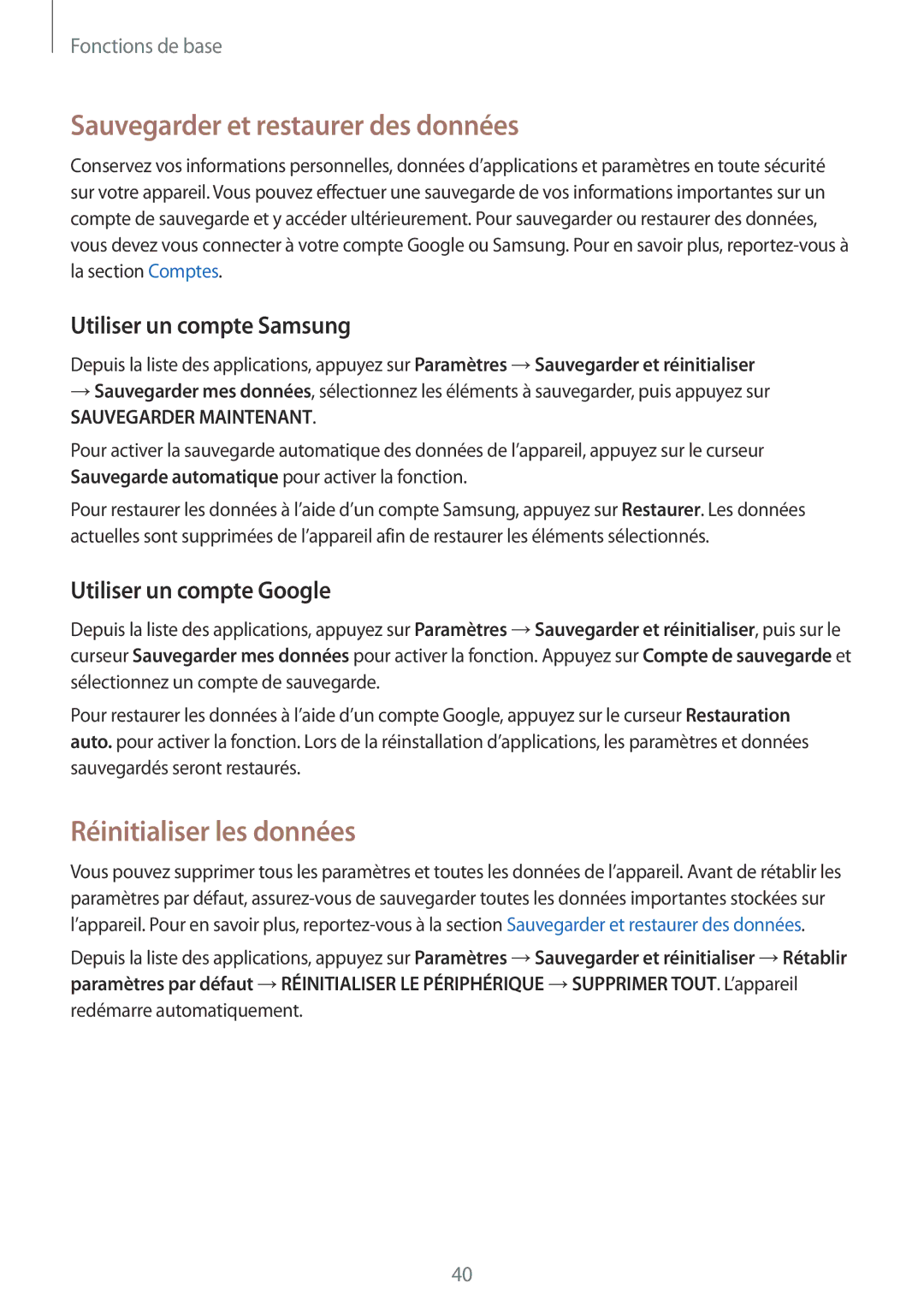 Samsung SM-T815NZWEXEF manual Sauvegarder et restaurer des données, Réinitialiser les données, Utiliser un compte Samsung 