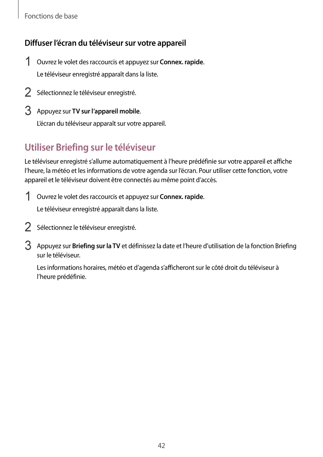 Samsung SM-T815NZWEXEF manual Utiliser Briefing sur le téléviseur, Diffuser l’écran du téléviseur sur votre appareil 