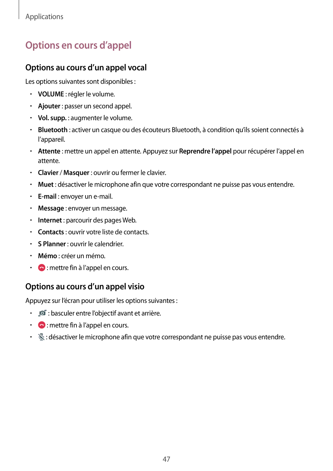 Samsung SM-T815NZWEXEF manual Options en cours d’appel, Options au cours d’un appel vocal 