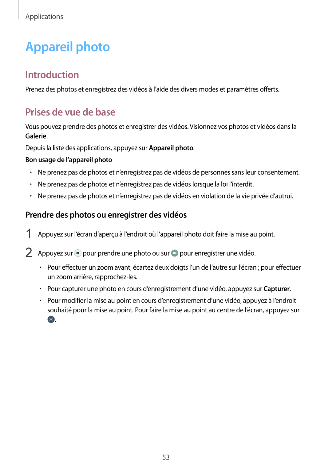 Samsung SM-T815NZWEXEF manual Appareil photo, Prises de vue de base, Prendre des photos ou enregistrer des vidéos 