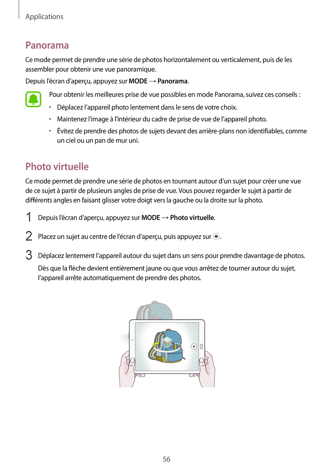 Samsung SM-T815NZWEXEF manual Panorama, Photo virtuelle 