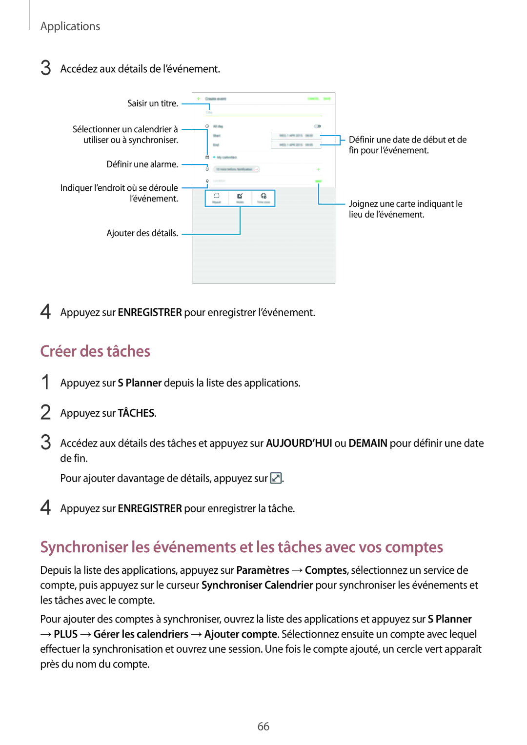 Samsung SM-T815NZWEXEF manual Créer des tâches, Synchroniser les événements et les tâches avec vos comptes 