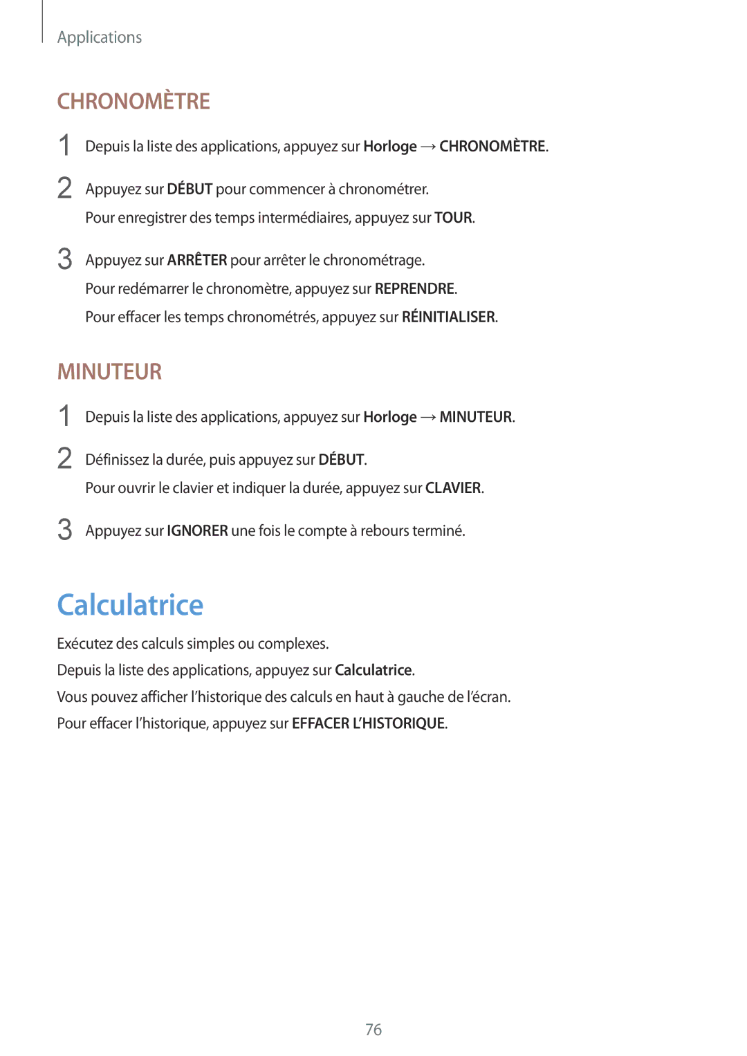 Samsung SM-T815NZWEXEF manual Calculatrice, Chronomètre 