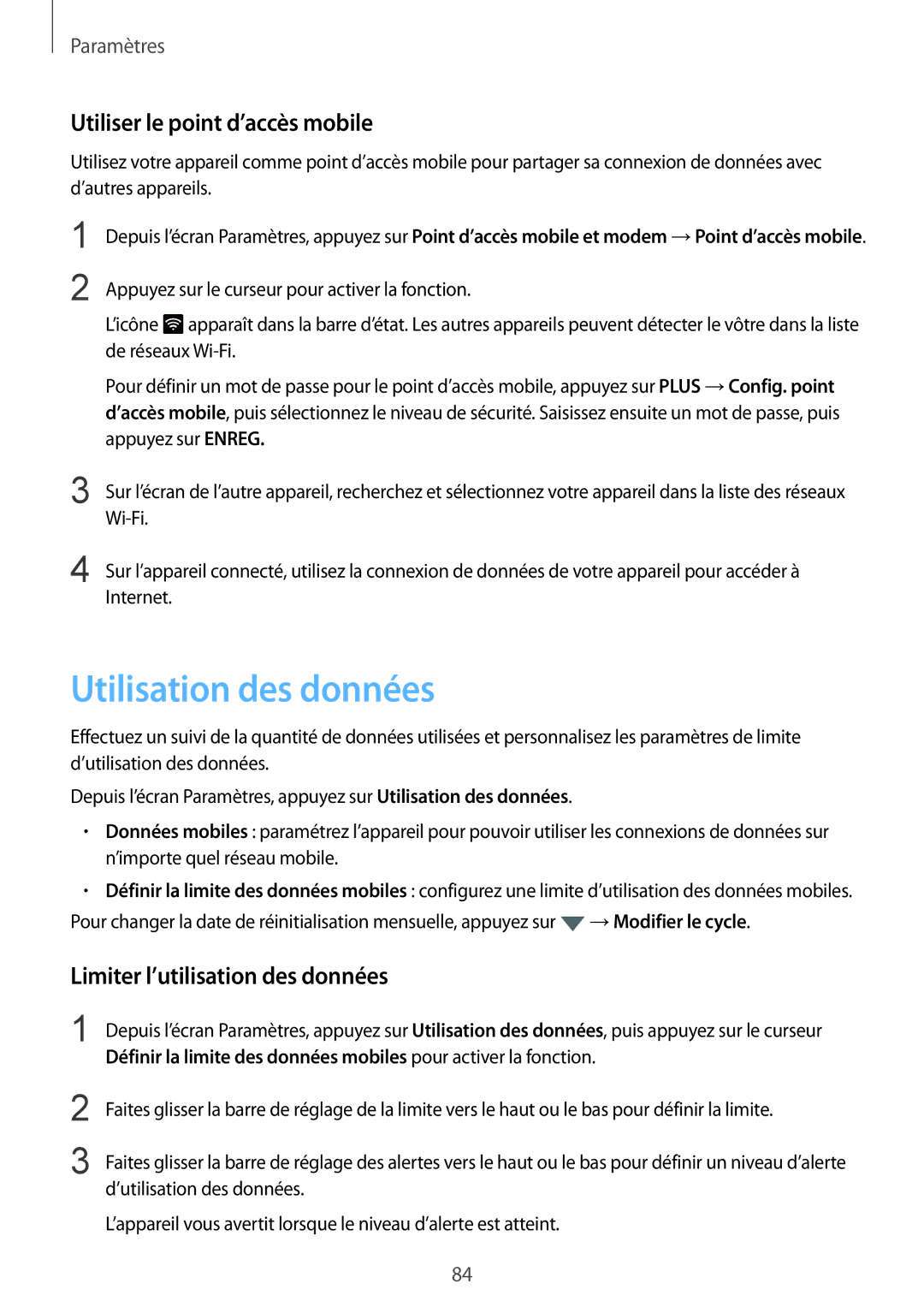 Samsung SM-T815NZWEXEF manual Utilisation des données, Utiliser le point d’accès mobile, Limiter l’utilisation des données 