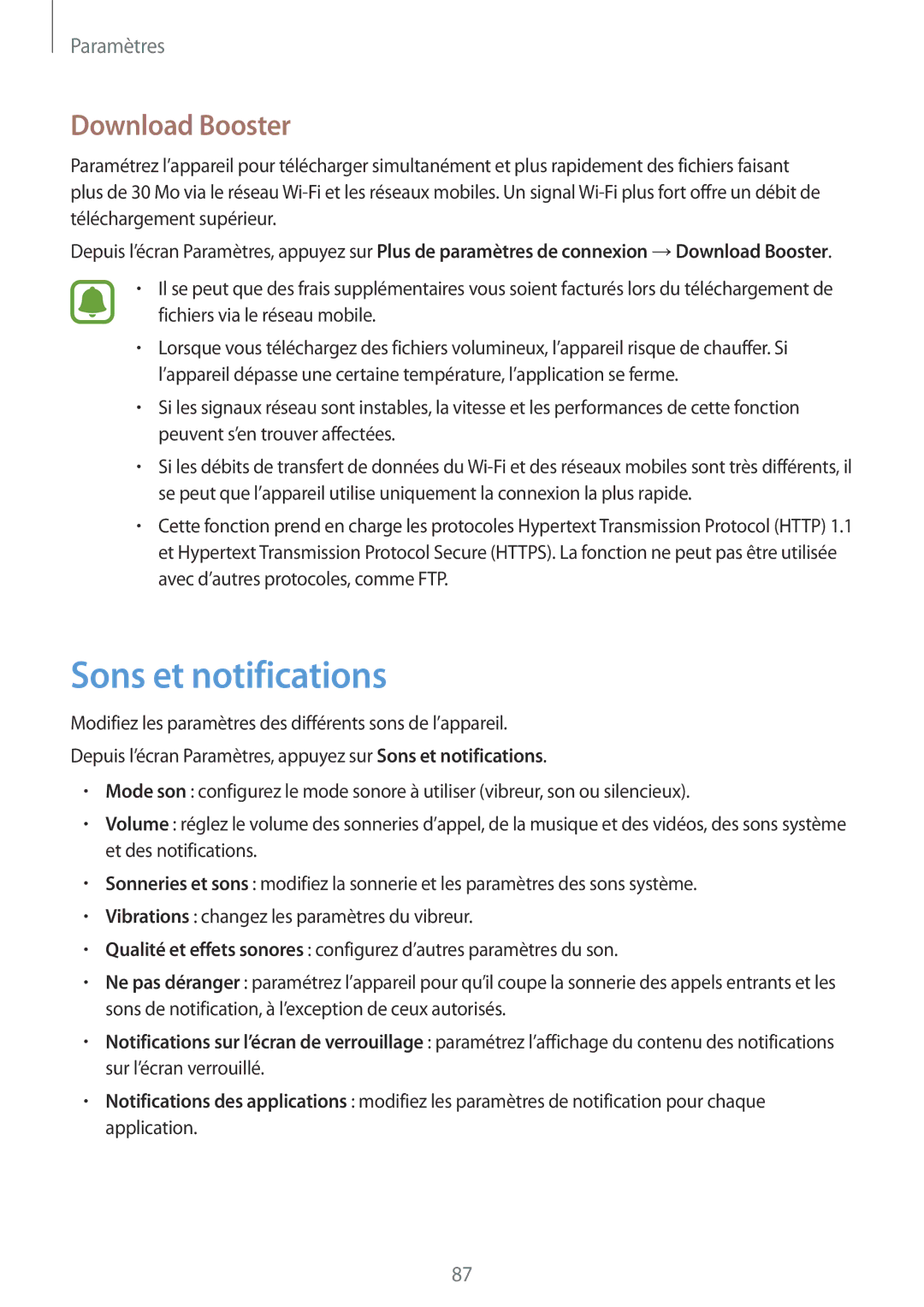 Samsung SM-T815NZWEXEF manual Sons et notifications, Download Booster 