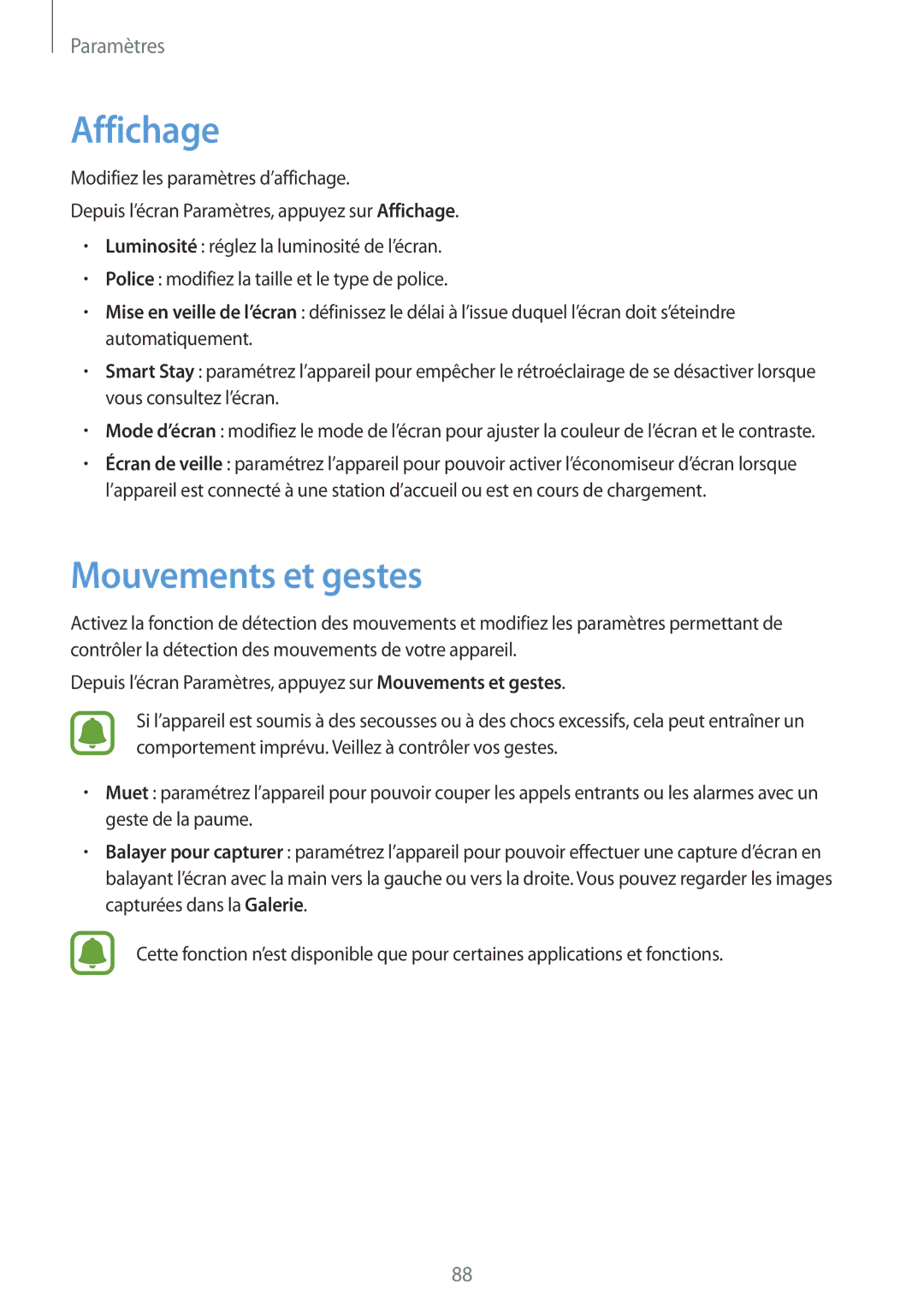 Samsung SM-T815NZWEXEF manual Affichage, Mouvements et gestes 