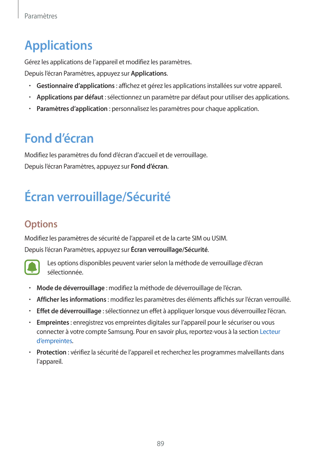 Samsung SM-T815NZWEXEF manual Applications, Fond d’écran, Écran verrouillage/Sécurité 