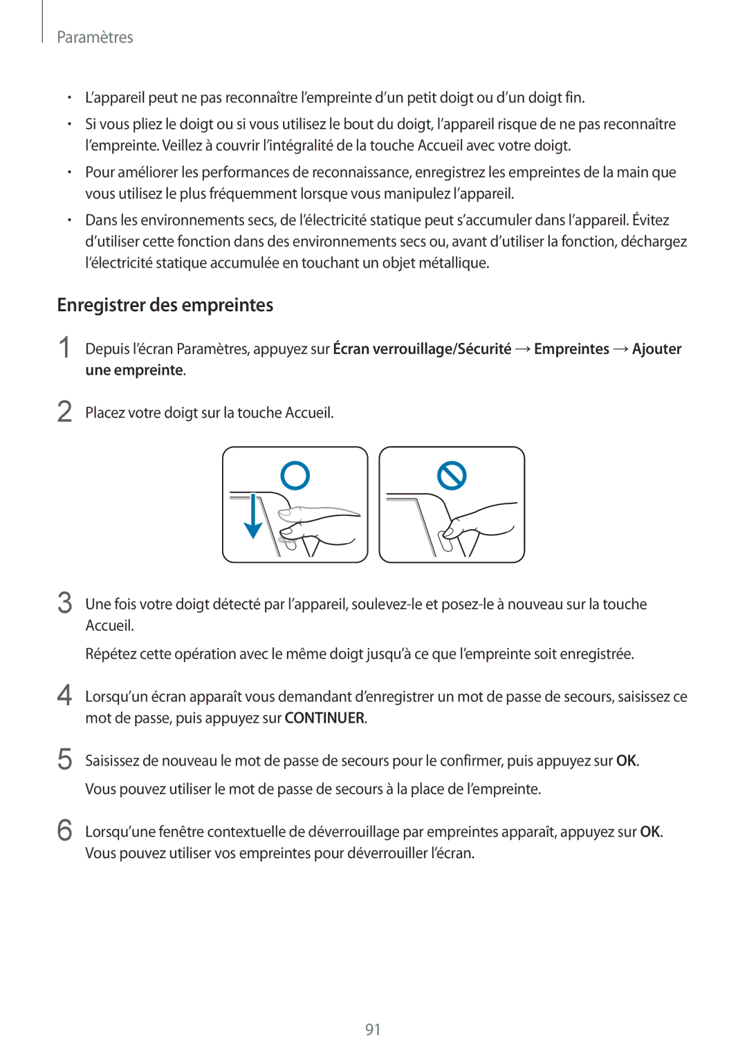 Samsung SM-T815NZWEXEF manual Enregistrer des empreintes 