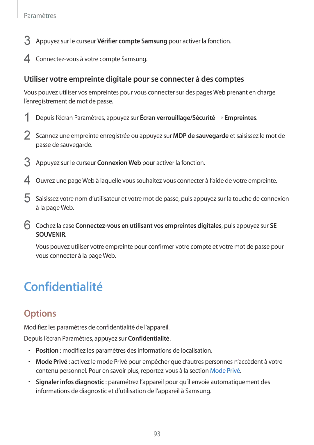 Samsung SM-T815NZWEXEF manual Confidentialité, Options 