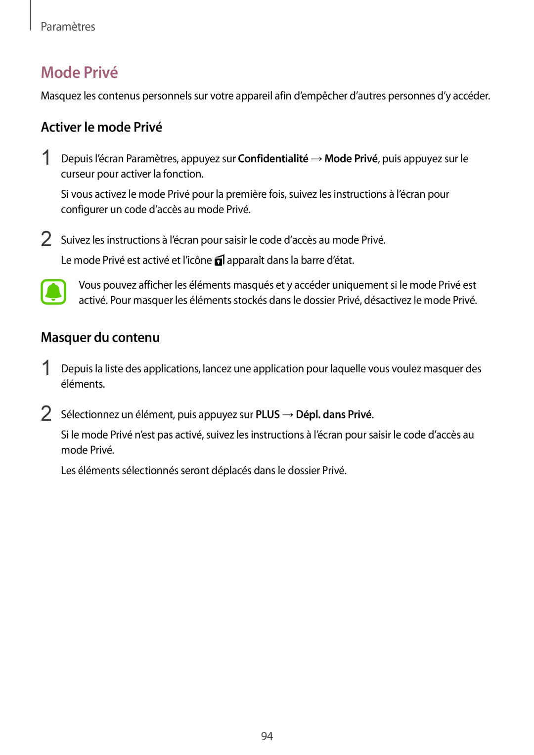 Samsung SM-T815NZWEXEF manual Mode Privé, Activer le mode Privé, Masquer du contenu 