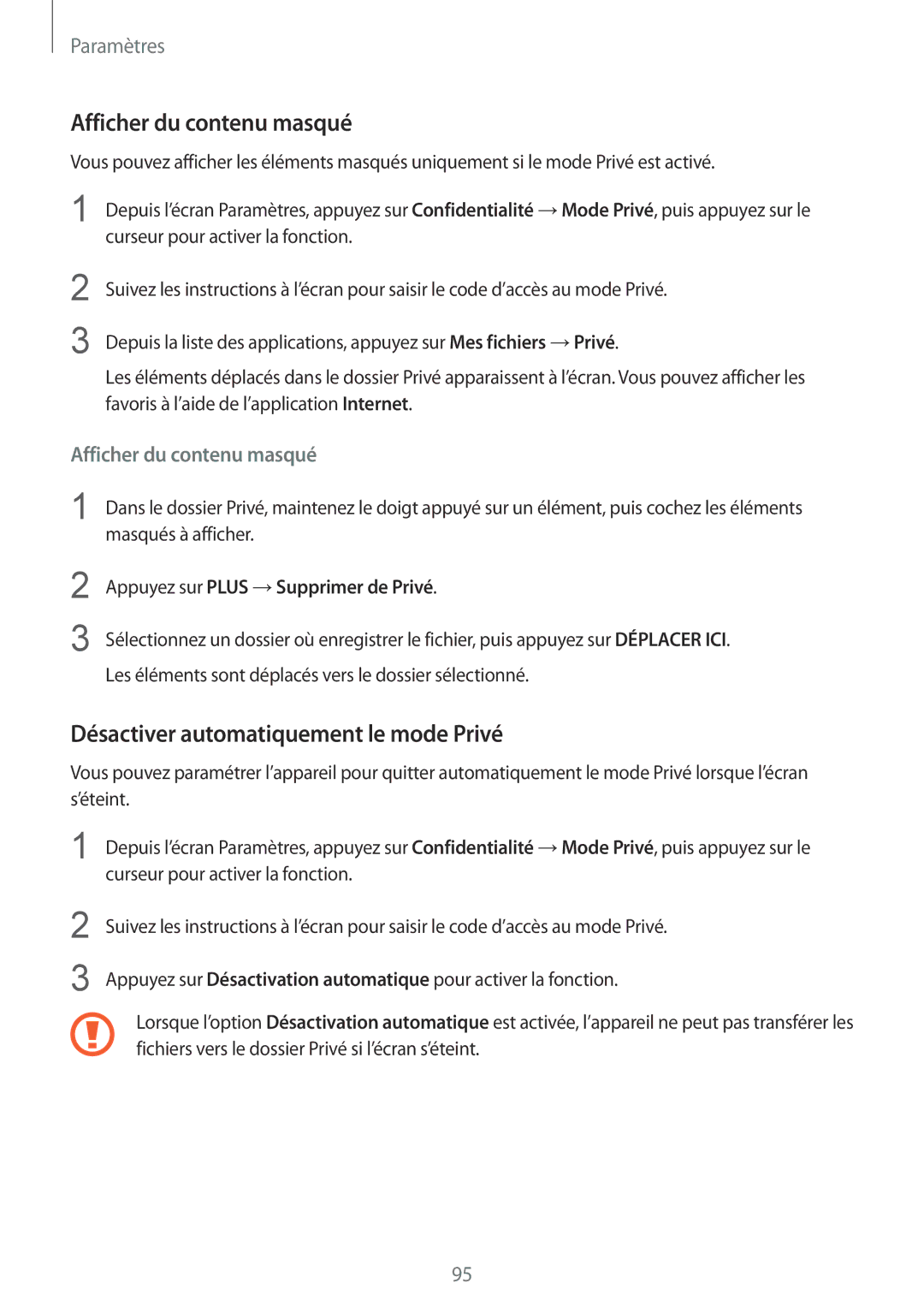 Samsung SM-T815NZWEXEF manual Afficher du contenu masqué, Désactiver automatiquement le mode Privé 