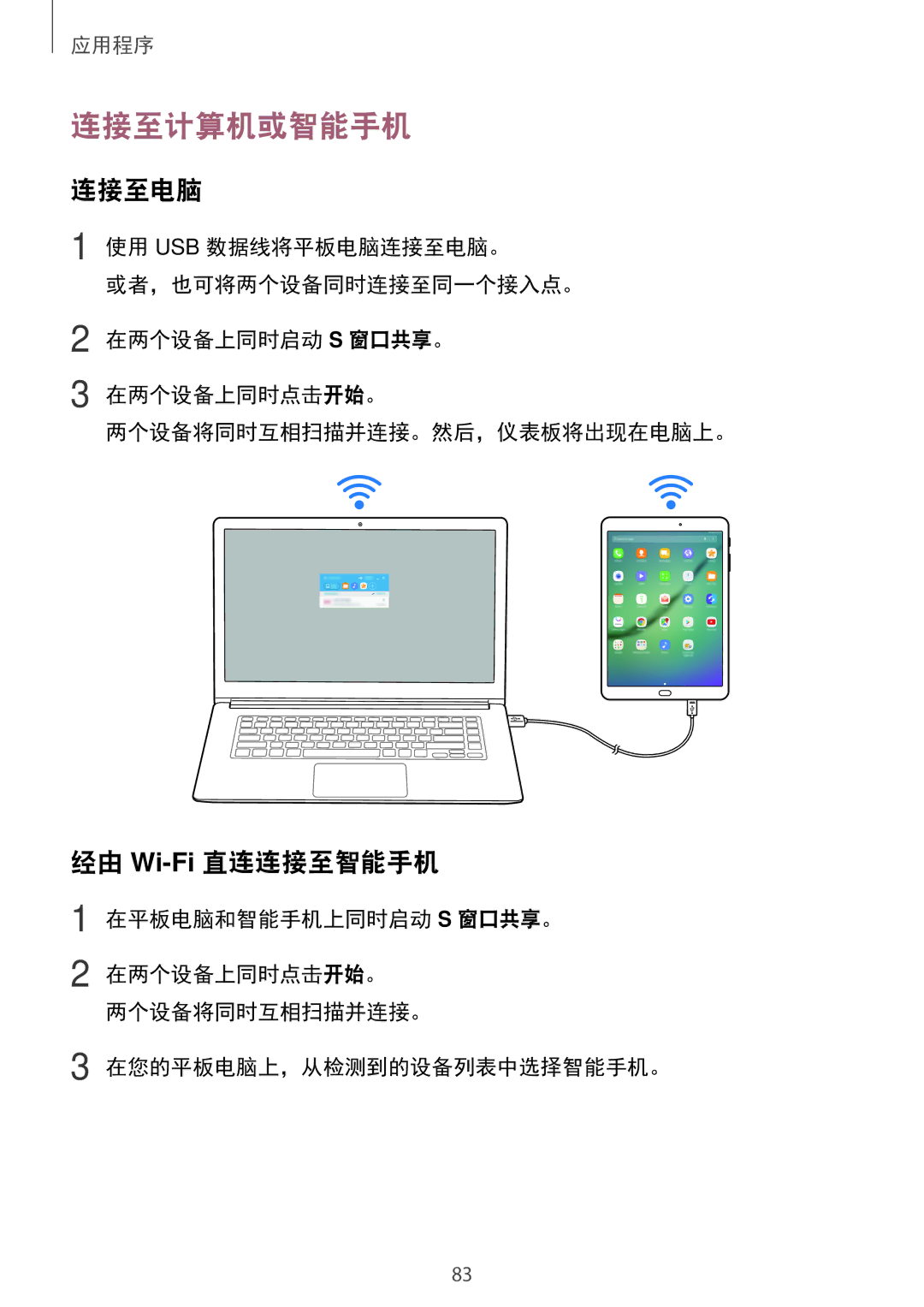 Samsung SM-T815YZKEXXV, SM-T815YZDEXXV, SM-T815YZWEXXV manual 连接至计算机或智能手机, 连接至电脑, 经由 Wi-Fi直连连接至智能手机 