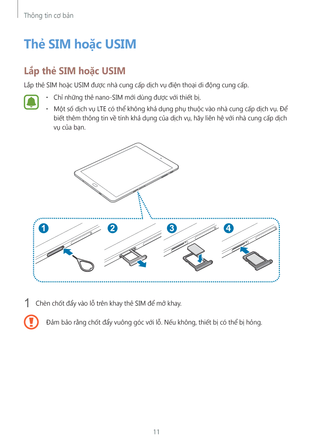 Samsung SM-T815YZKEXXV, SM-T815YZDEXXV, SM-T815YZWEXXV manual Thẻ SIM hoặc Usim, Lắp thẻ SIM hoặc Usim 