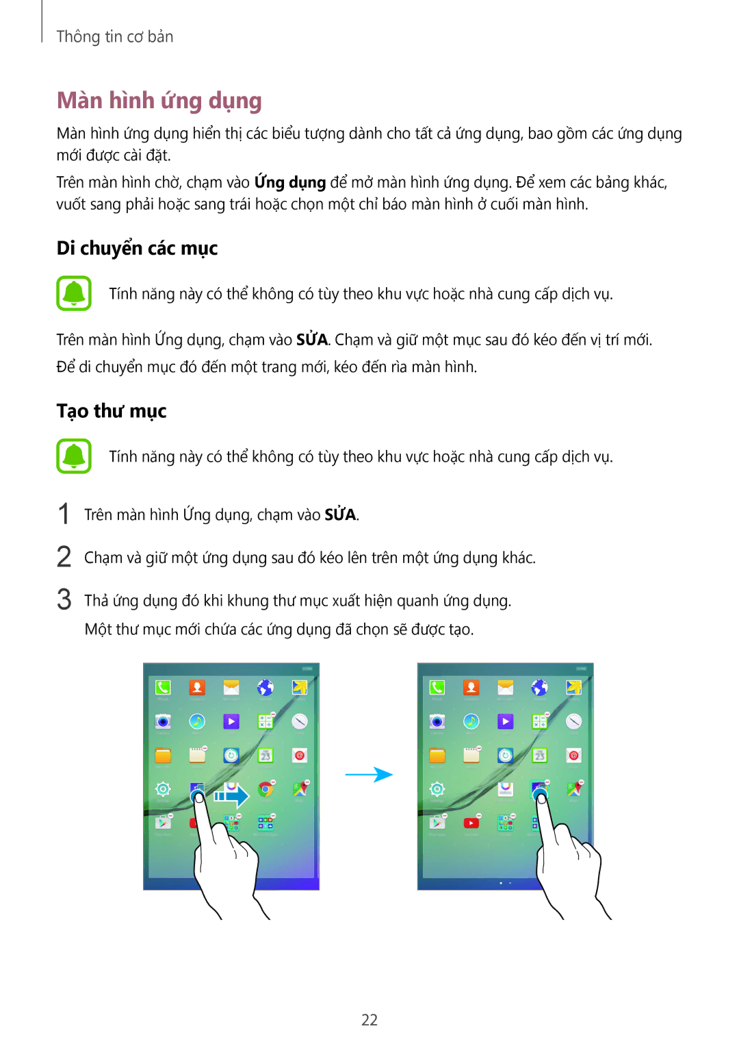 Samsung SM-T815YZWEXXV, SM-T815YZDEXXV, SM-T815YZKEXXV manual Màn hình ứng dụng, Di chuyển các mục 