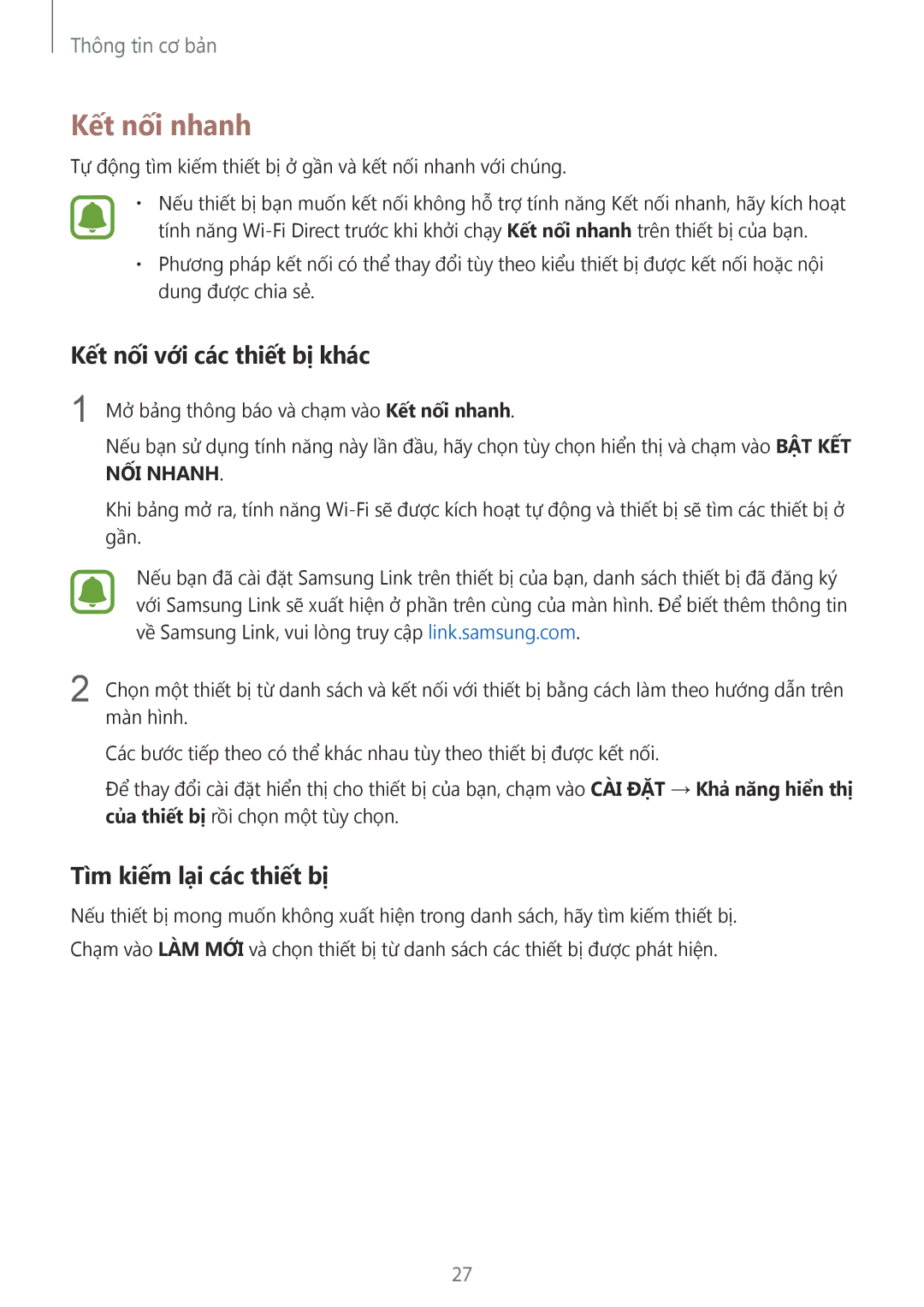 Samsung SM-T815YZDEXXV, SM-T815YZWEXXV manual Kết nối nhanh, Kết nối với các thiết bị khác, Tìm kiếm lại các thiết bị 
