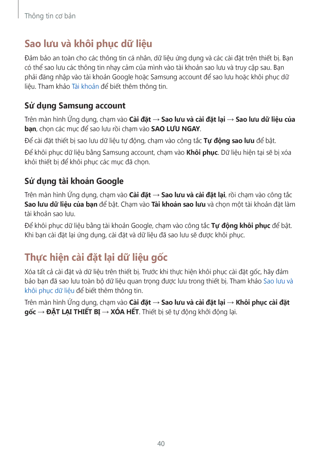 Samsung SM-T815YZWEXXV manual Sao lưu và khôi phục dữ liệu, Thực hiện cài đặt lại dữ liệu gốc, Sử dụng Samsung account 