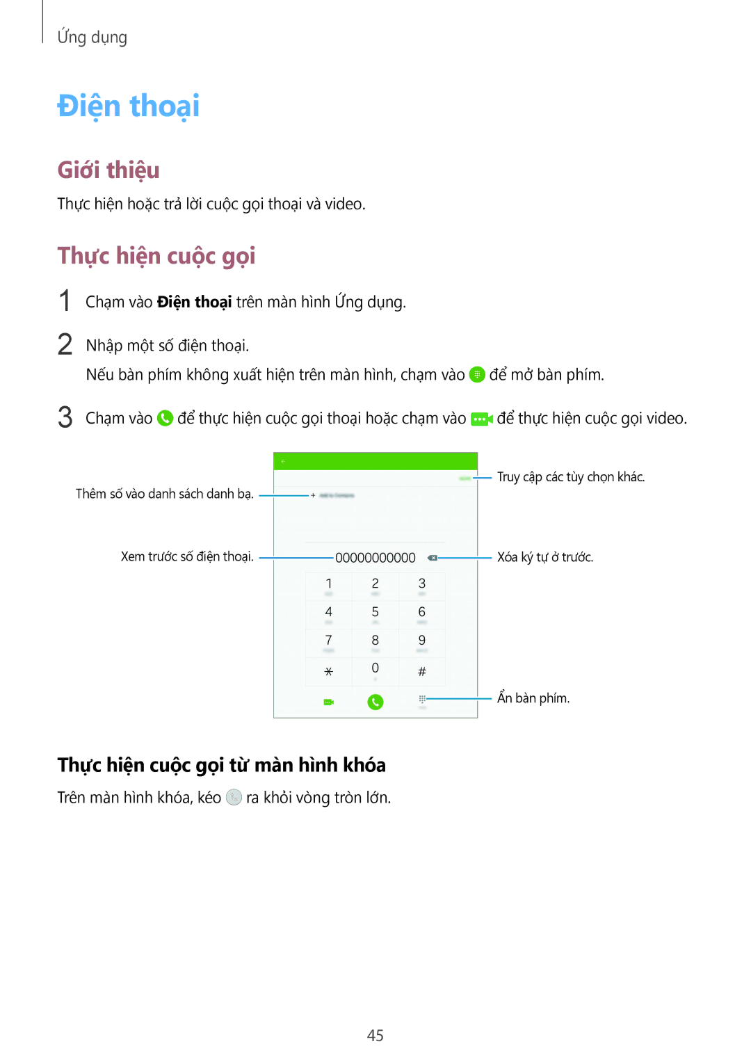 Samsung SM-T815YZDEXXV, SM-T815YZWEXXV, SM-T815YZKEXXV manual Điện thoại, Thực hiện cuộc gọi từ màn hình khóa 