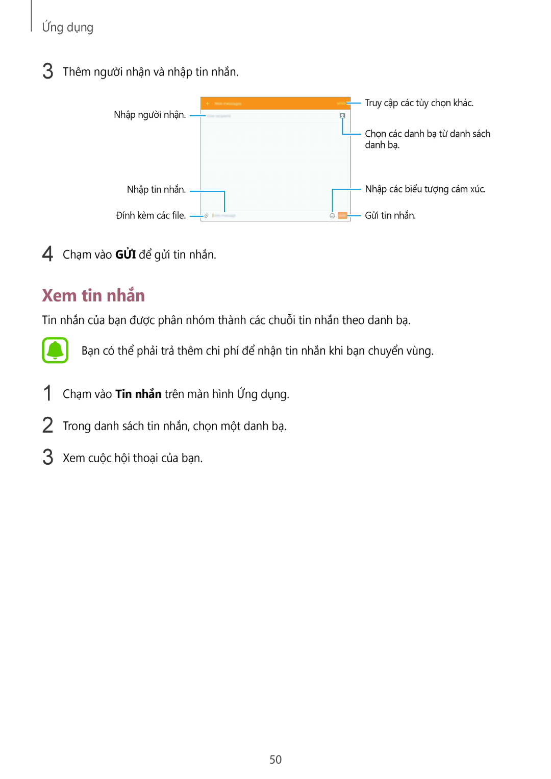 Samsung SM-T815YZKEXXV, SM-T815YZDEXXV, SM-T815YZWEXXV manual Xem tin nhắn, Thêm người nhận và nhập tin nhắn 