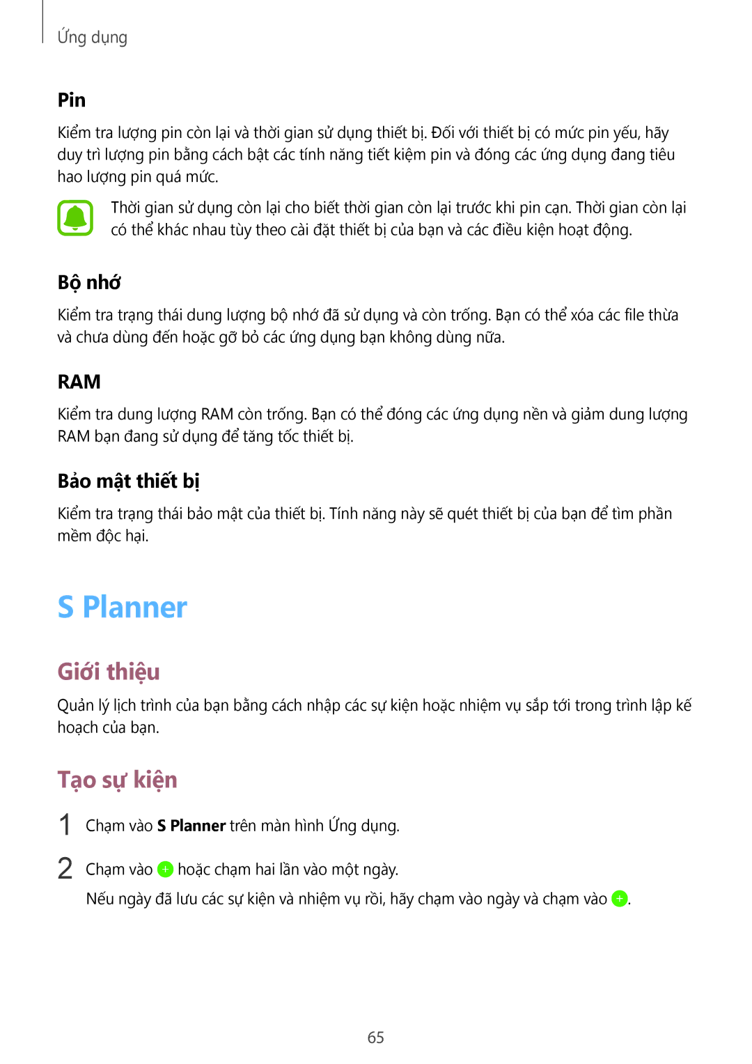 Samsung SM-T815YZKEXXV, SM-T815YZDEXXV, SM-T815YZWEXXV manual Planner, Tạo sự kiện, Pin, Bộ nhớ, Bảo mật thiết bị 