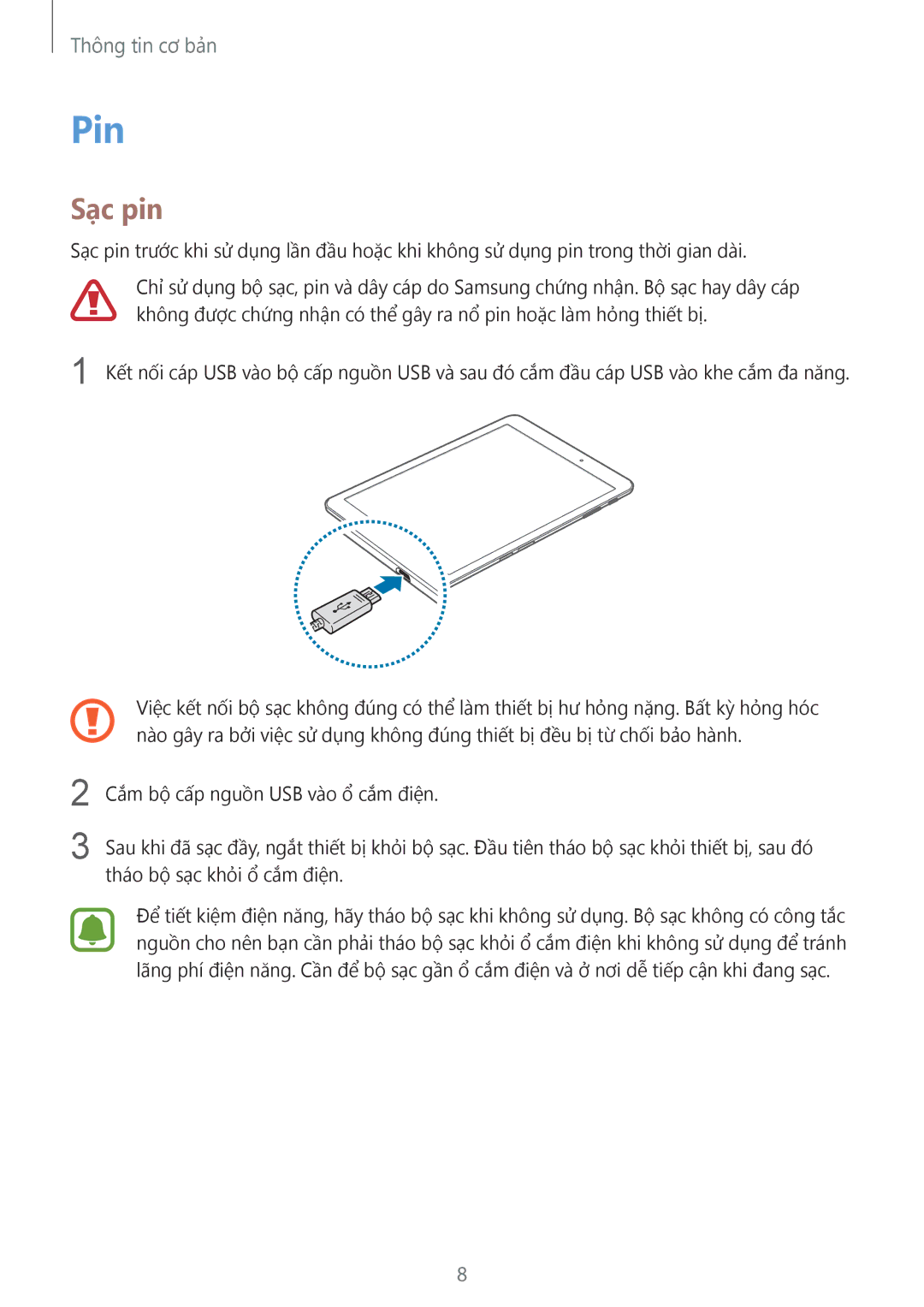 Samsung SM-T815YZKEXXV, SM-T815YZDEXXV, SM-T815YZWEXXV manual Pin, Sạc pin 