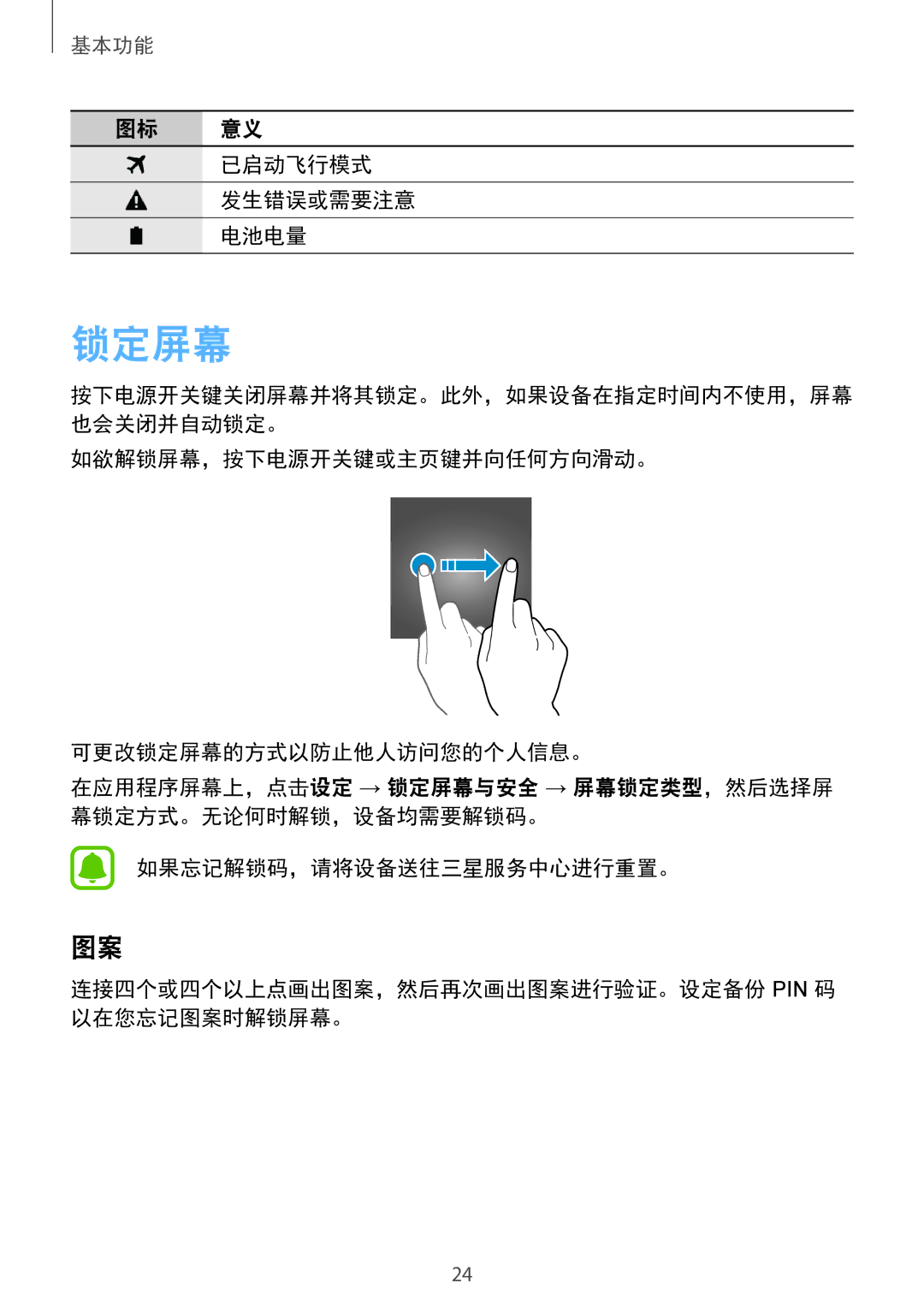 Samsung SM-T815YZDEXXV, SM-T815YZWEXXV, SM-T815YZKEXXV manual 锁定屏幕, 已启动飞行模式, 发生错误或需要注意, 电池电量 