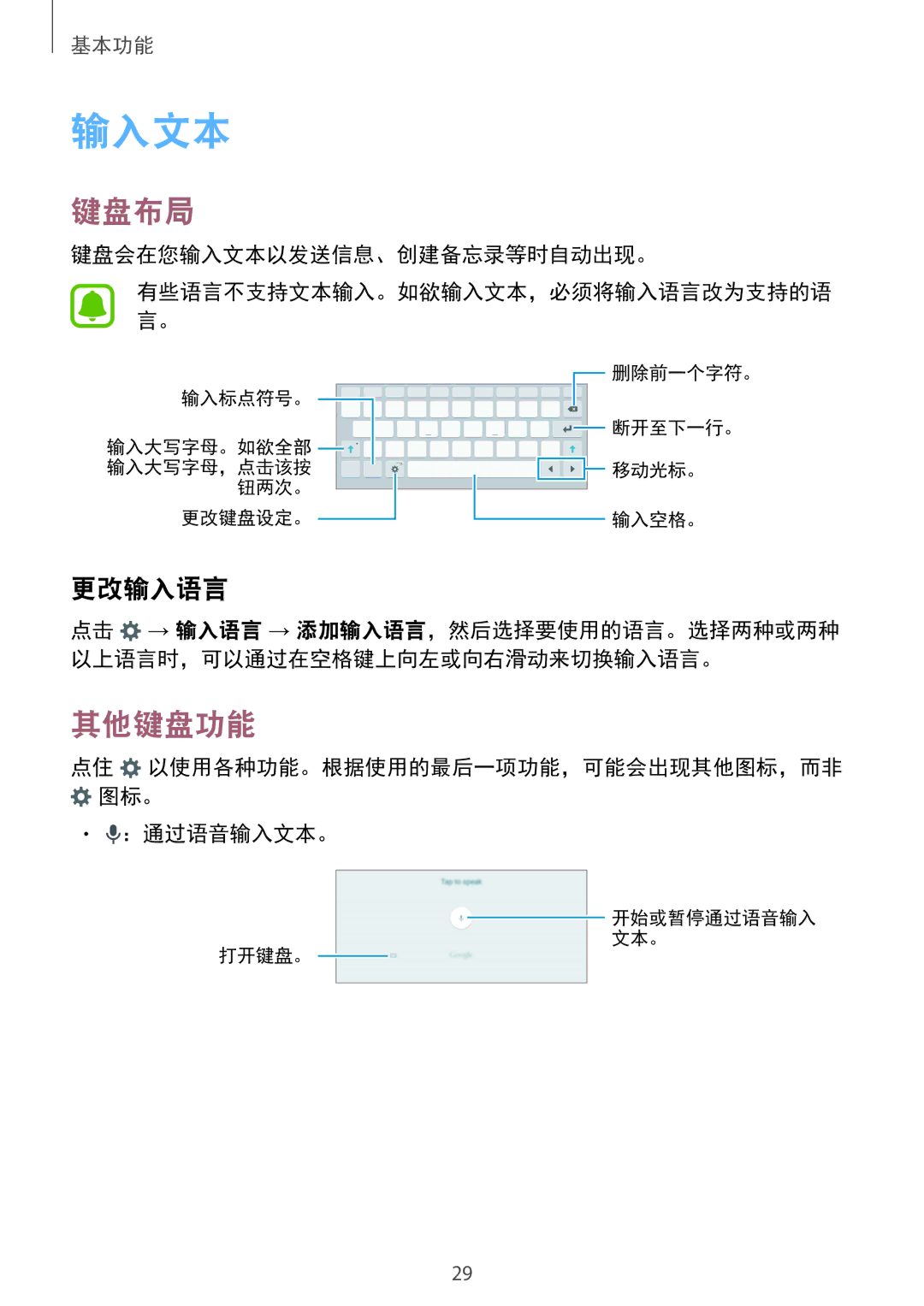 Samsung SM-T815YZKEXXV, SM-T815YZDEXXV, SM-T815YZWEXXV manual 输入文本, 键盘布局, 其他键盘功能, 更改输入语言 