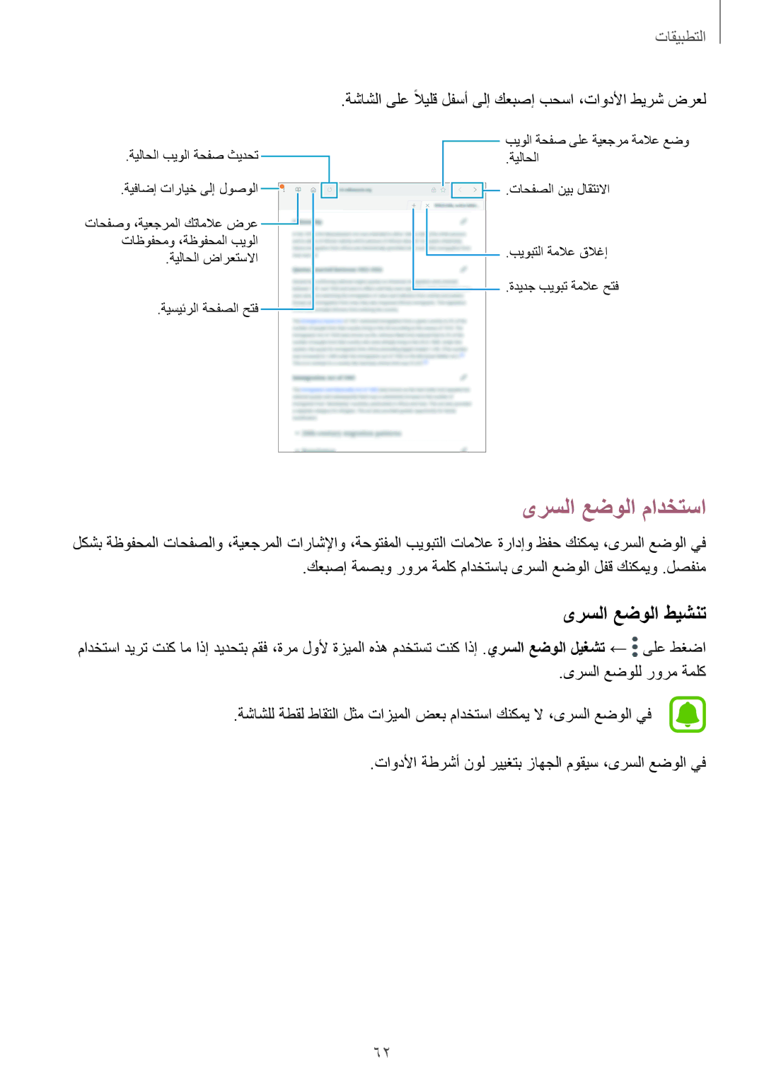 Samsung SM-T819NZWEKSA, SM-T819NZDEKSA, SM-T819NZKEKSA, SM-T719NZWEKSA, SM-T719NZDEKSA ىرسلا عضولا مادختسا, ىرسلا عضولا طيشنت 