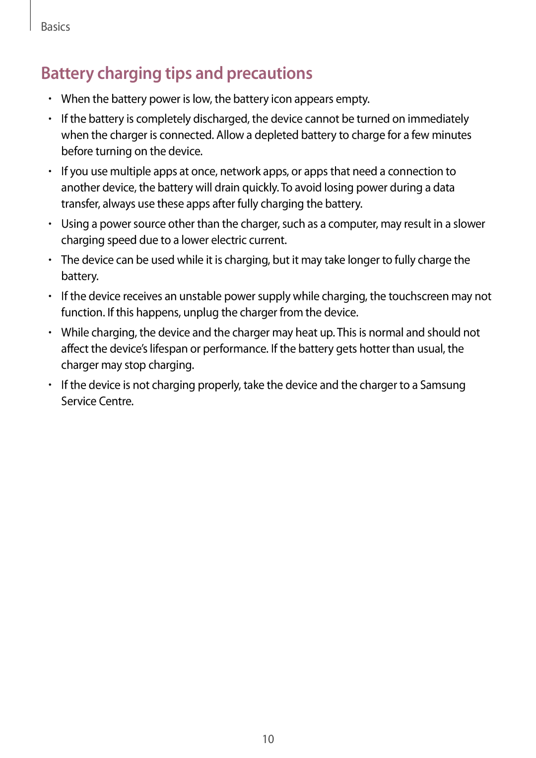 Samsung SM-T819NZDEITV, SM-T819NZKEDBT, SM-T719NZKEDBT, SM-T719NZWEDBT, SM-T819NZWEDBT Battery charging tips and precautions 