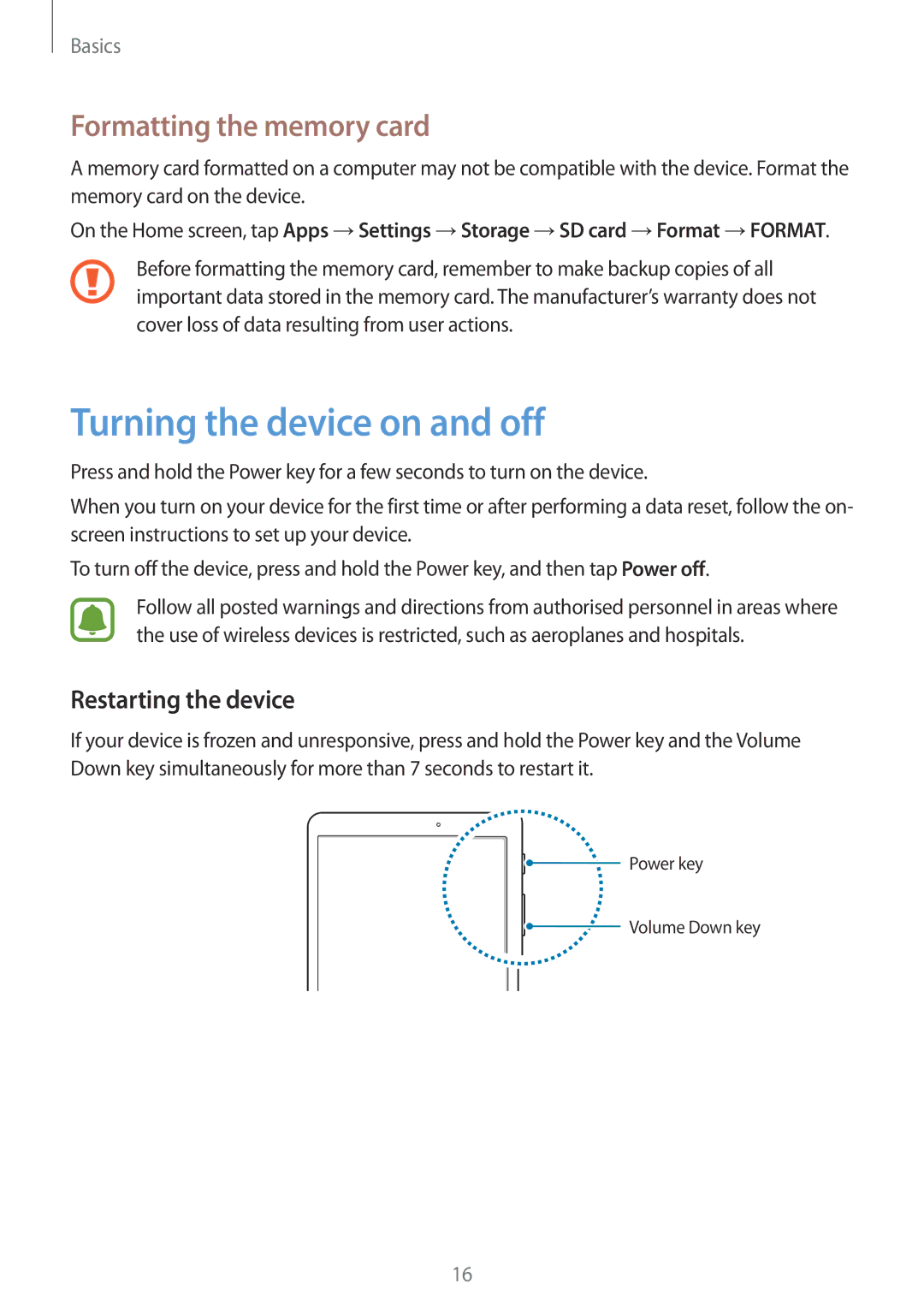 Samsung SM-T819NZKEKSA, SM-T819NZKEDBT Turning the device on and off, Formatting the memory card, Restarting the device 