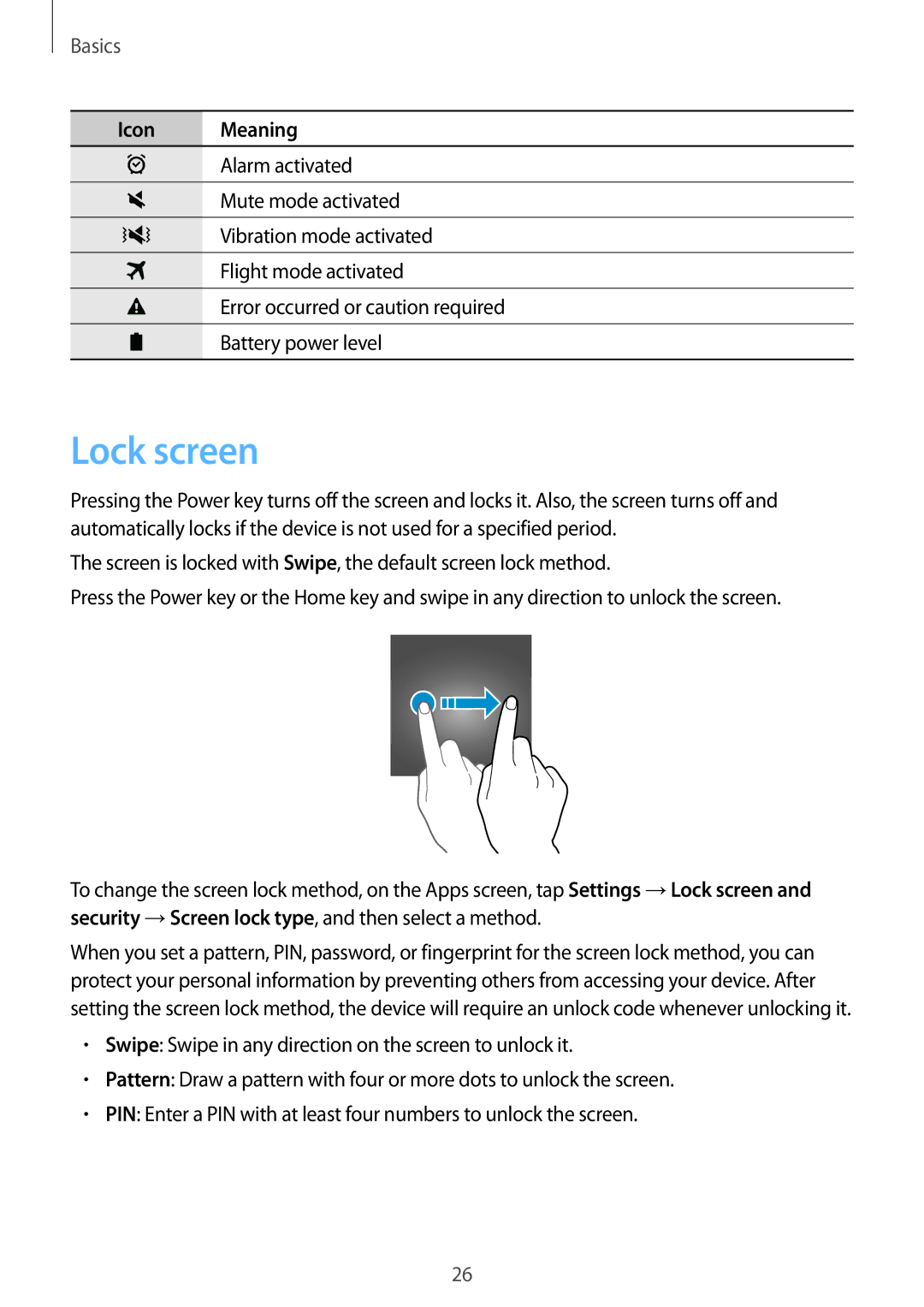 Samsung SM-T819NZKEBGL, SM-T819NZKEDBT, SM-T719NZKEDBT, SM-T719NZWEDBT, SM-T819NZWEDBT, SM-T819NZWEXEF manual Lock screen 