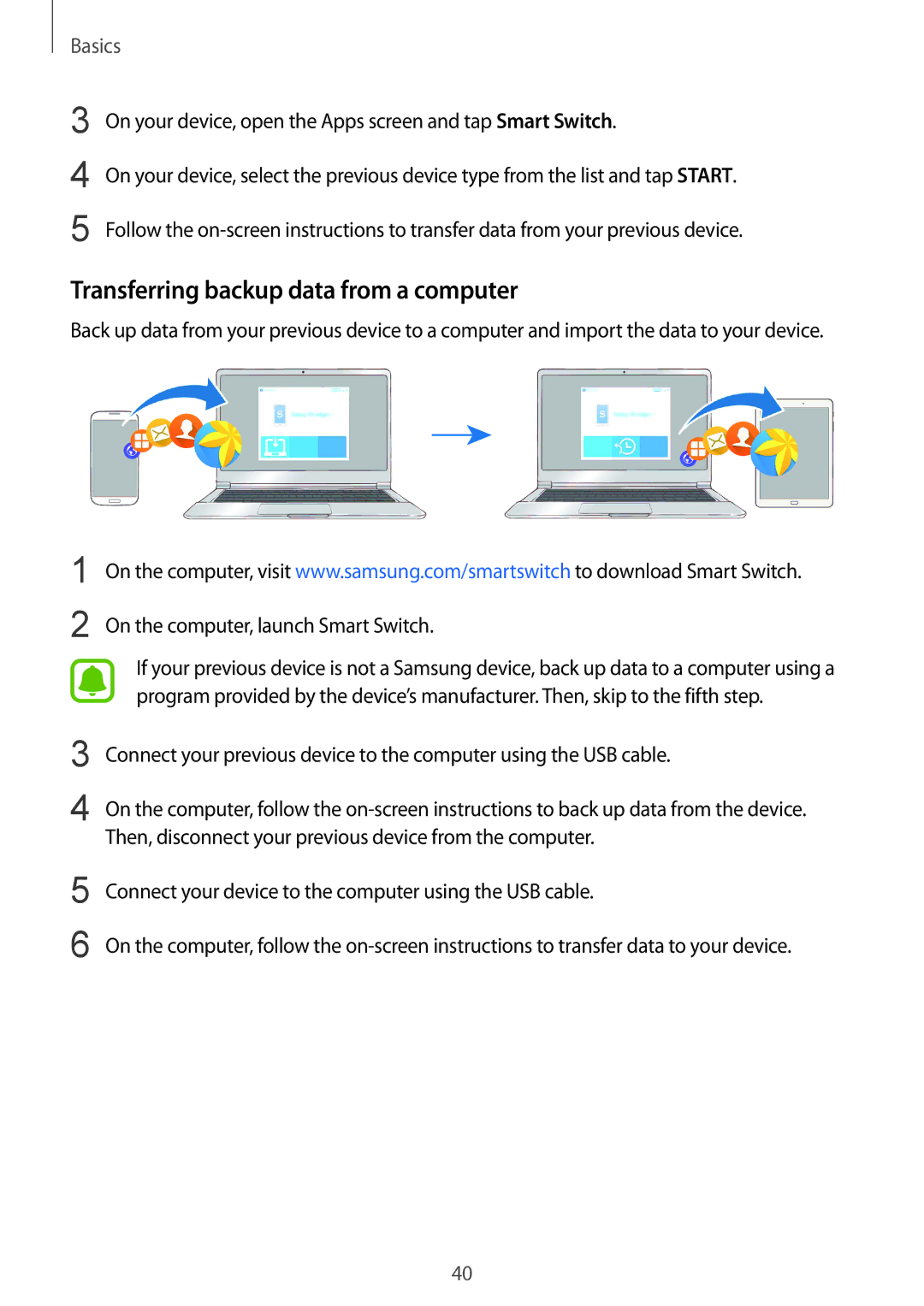 Samsung SM-T719NZKEXEH, SM-T819NZKEDBT manual Transferring backup data from a computer, On the computer, launch Smart Switch 