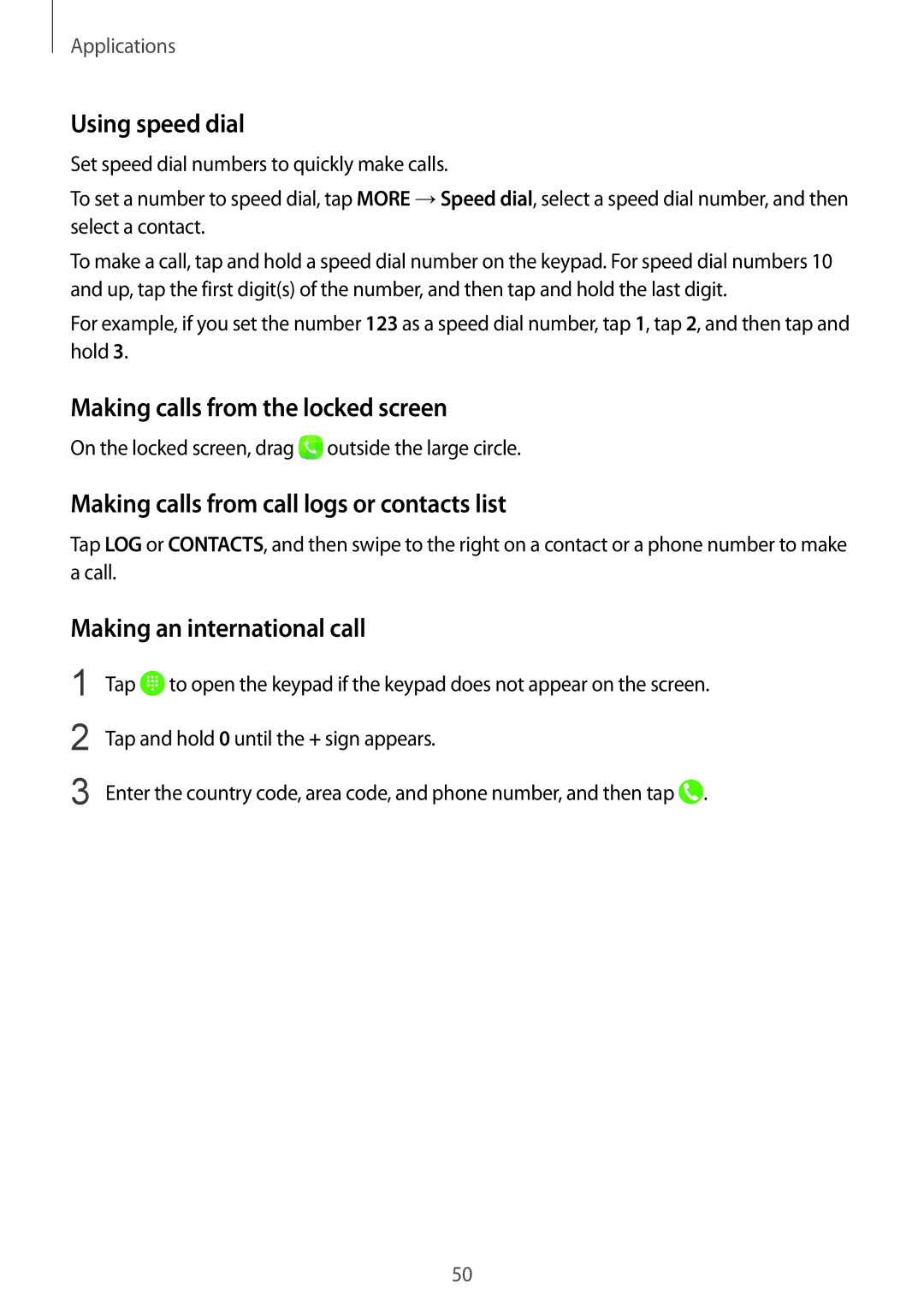 Samsung SM-T719NZKEDBT Using speed dial, Making calls from the locked screen, Making calls from call logs or contacts list 