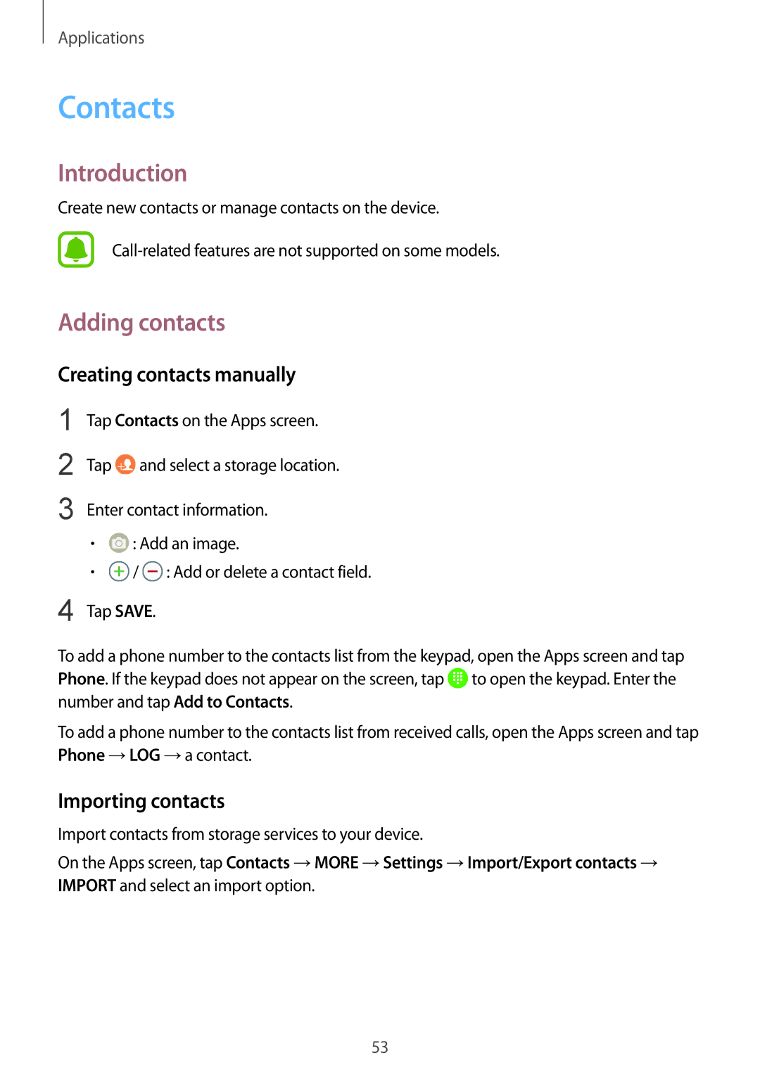 Samsung SM-T819NZWEXEF, SM-T819NZKEDBT Contacts, Adding contacts, Creating contacts manually, Importing contacts 