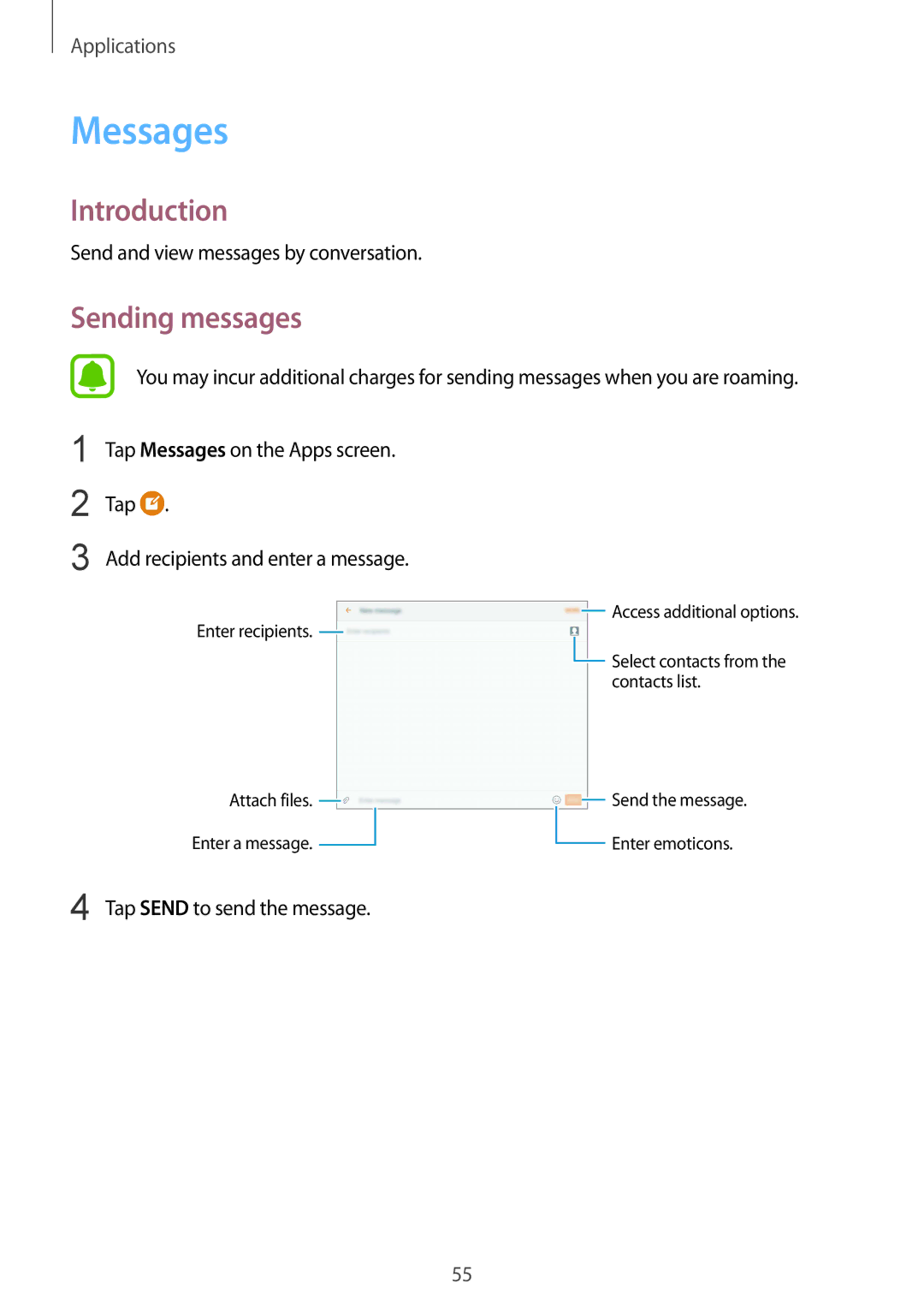 Samsung SM-T719NZKEXEF, SM-T819NZKEDBT, SM-T719NZKEDBT, SM-T719NZWEDBT, SM-T819NZWEDBT manual Messages, Sending messages 